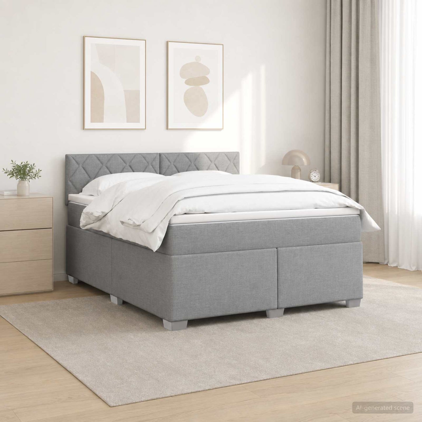 Box Spring Seng med Madras og LED Lysegrå 140 x 200 cm Stof