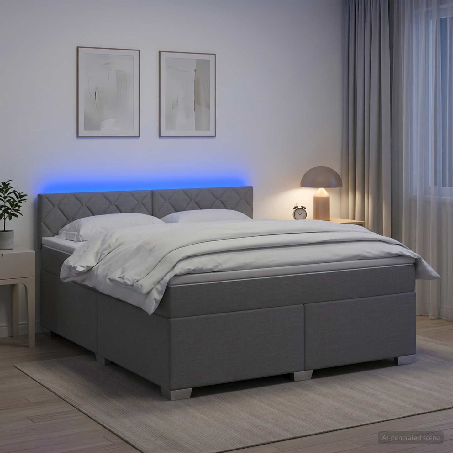 Box Spring Seng med Madras og LED Lysegrå 180 x 200 cm Stof