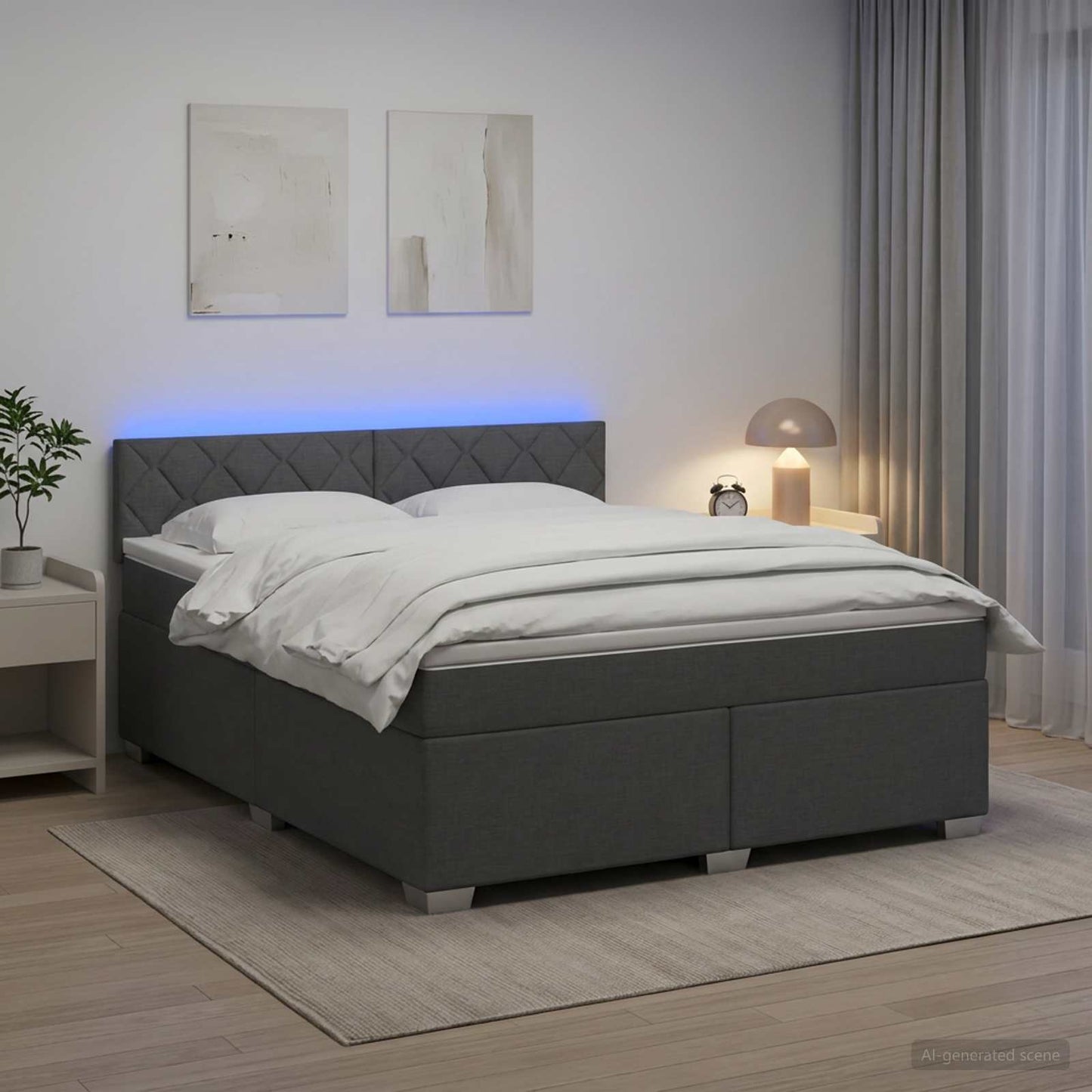 Box Spring Seng med Madras og LED Mørkegrå 140 x 200 cm Stof