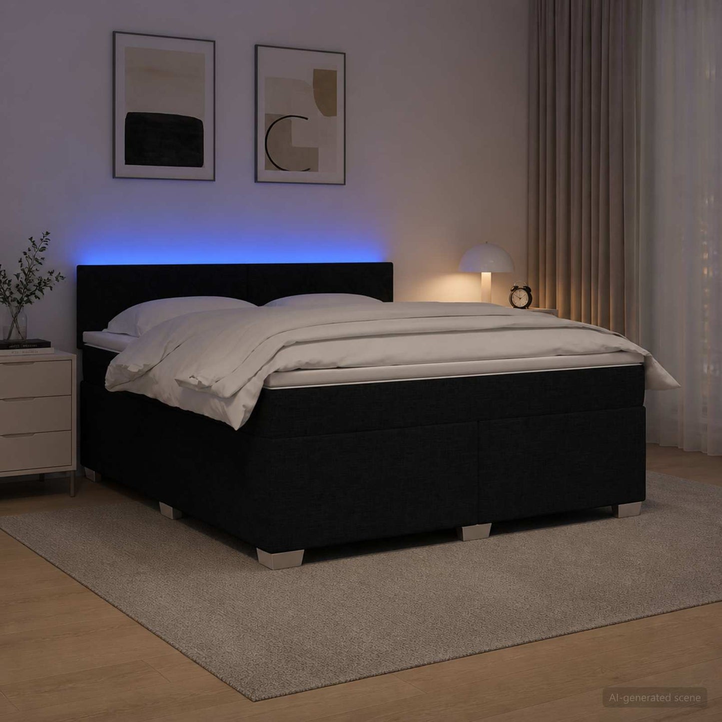 Box Spring Seng med Madras og LED Sort 180 x 200 cm Stof