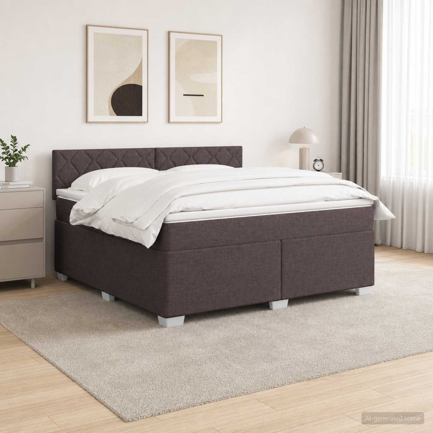 Box Spring Seng med Madras og LED Mørk Brun 140 x 190 cm Stof