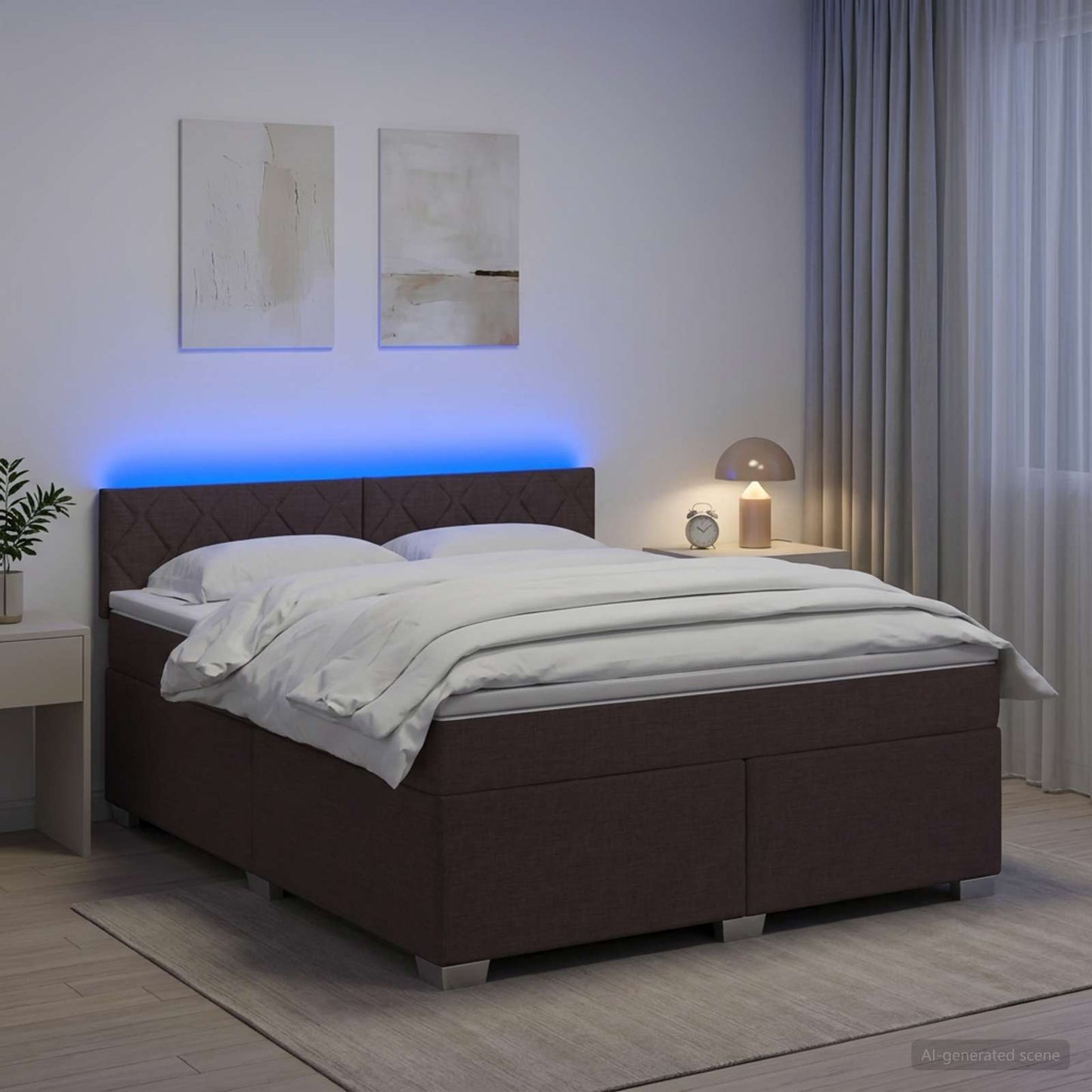 Box Spring Seng med Madras og LED Mørk Brun 160 x 200 cm Stof