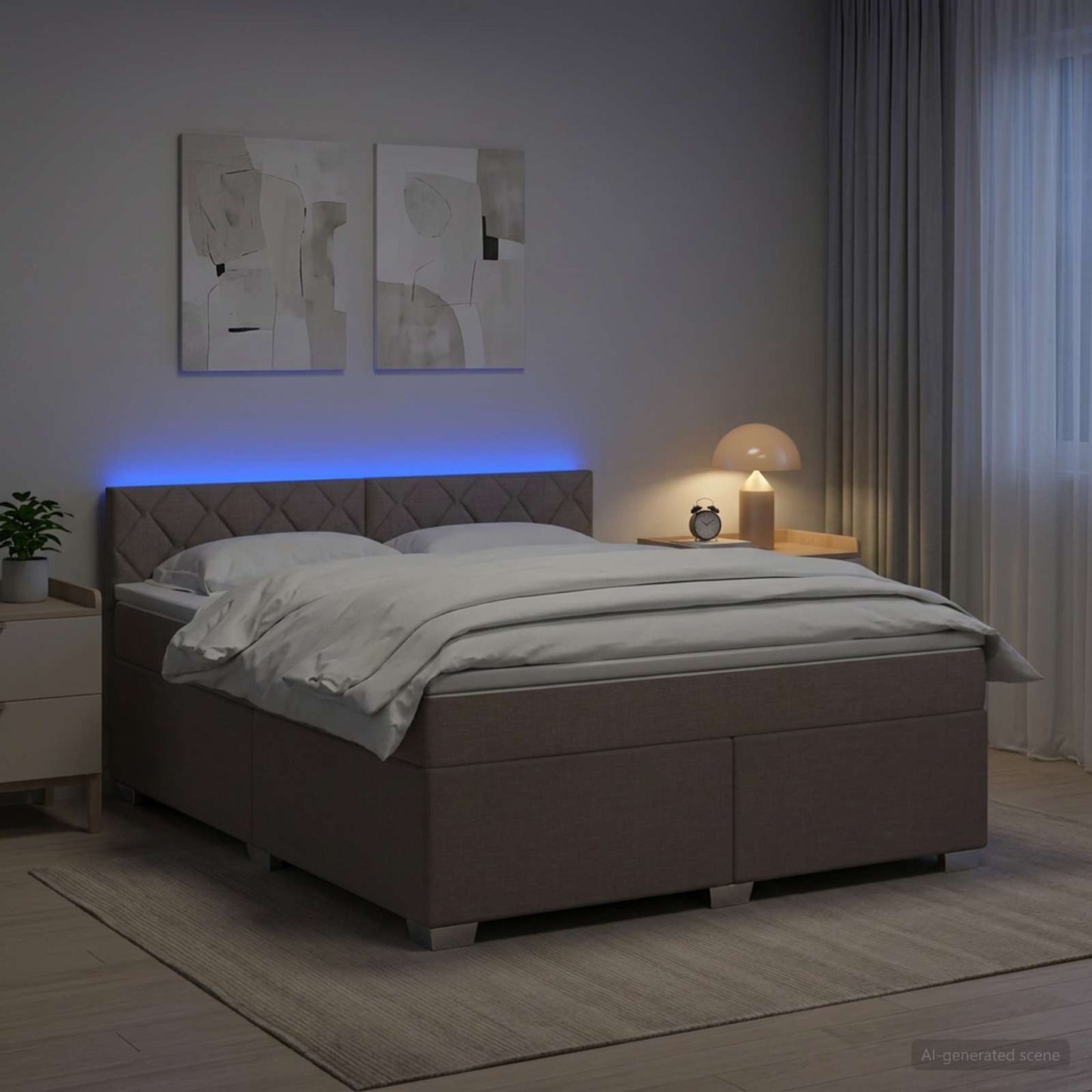 Box Spring Seng med Madras og LED Gråbrun 180 x 200 cm Stof