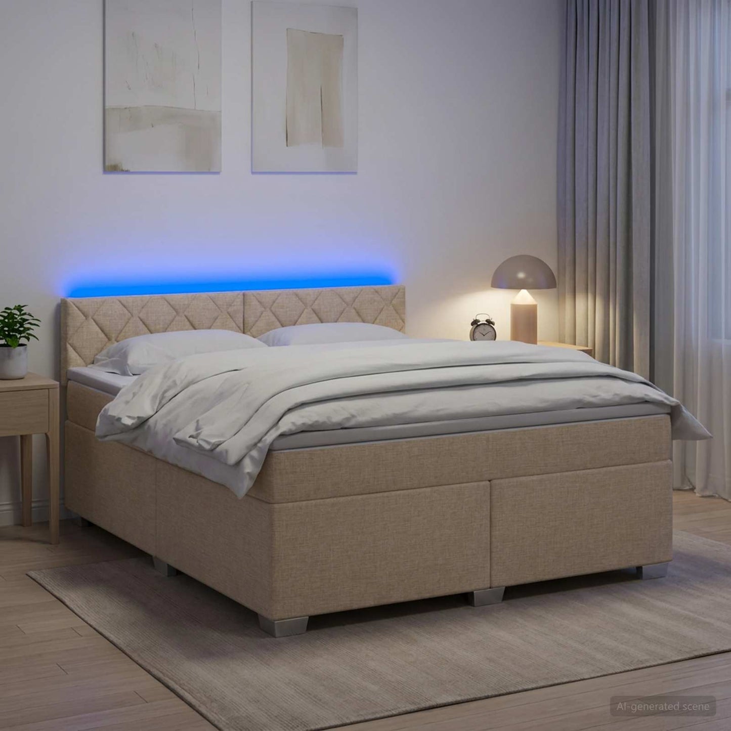Box Spring Seng med Madras og LED Cremefarvet 180 x 200 cm Stof