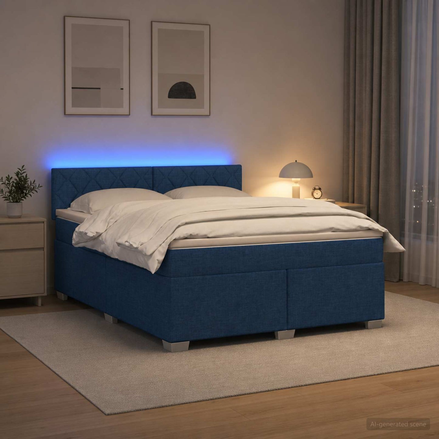 Box Spring Seng med Madras og LED Blå 180 x 200 cm Stof