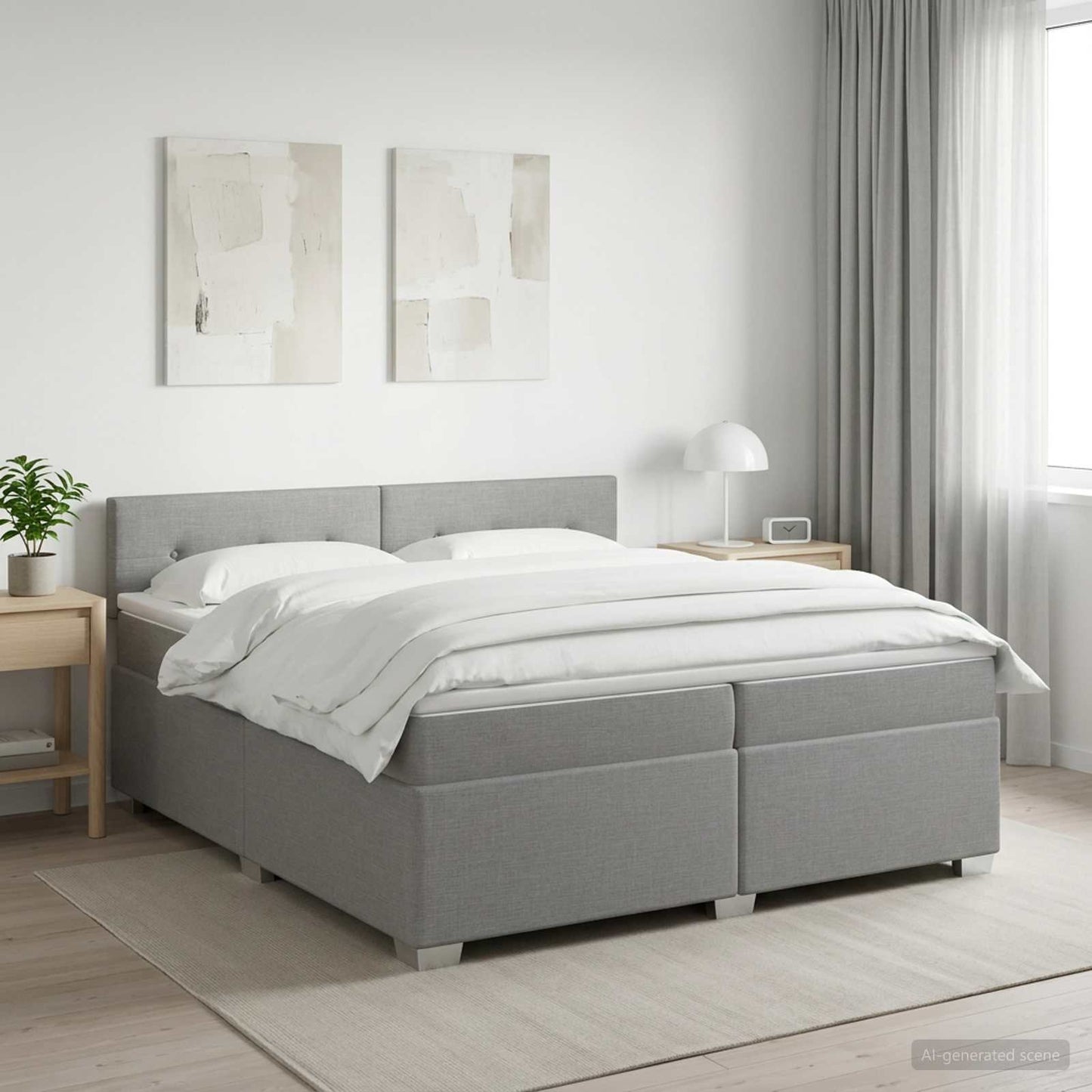 Box Spring Seng med Madras og LED Lysegrå 200 x 200 cm Stof