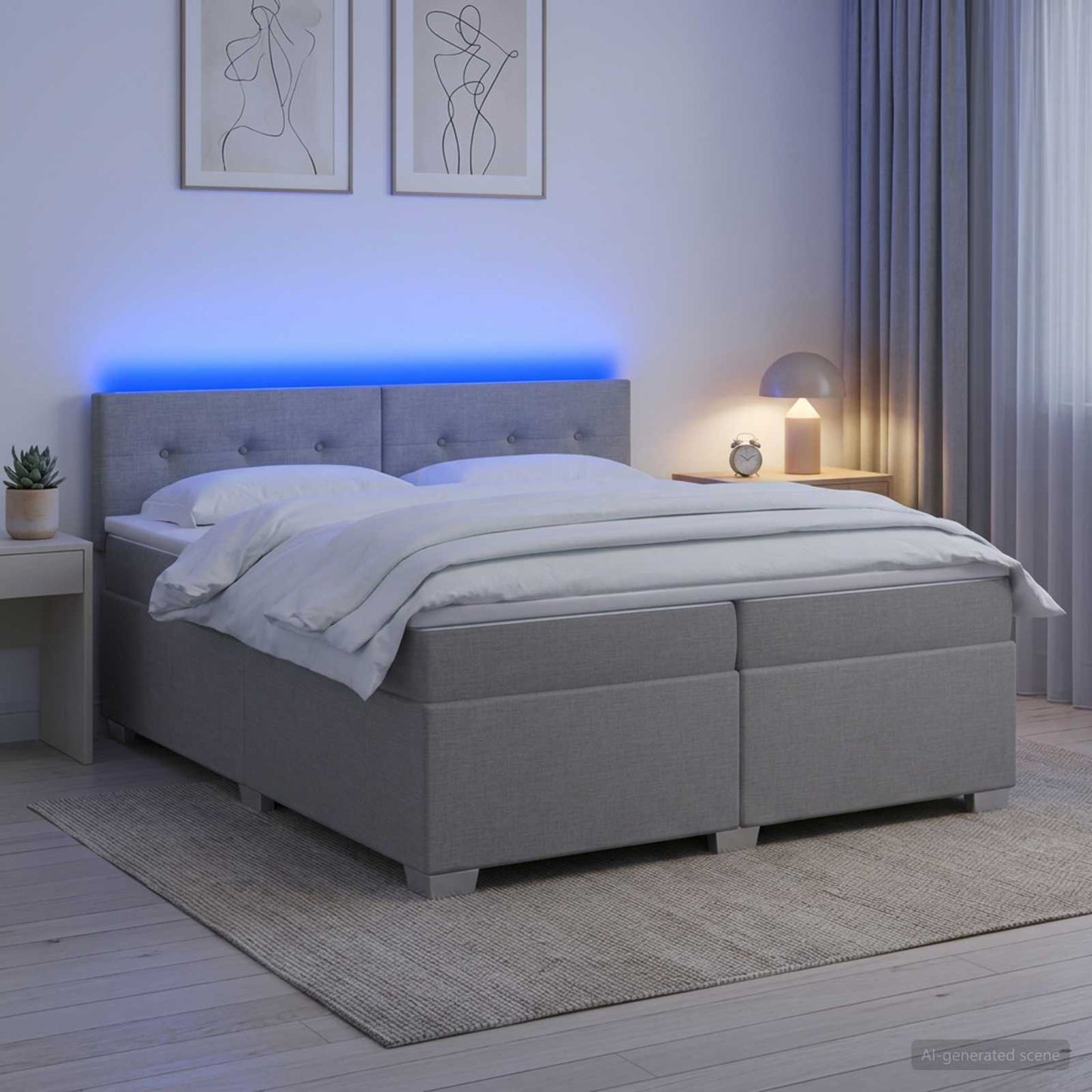 Box Spring Seng med Madras og LED Lysegrå 200 x 200 cm Stof