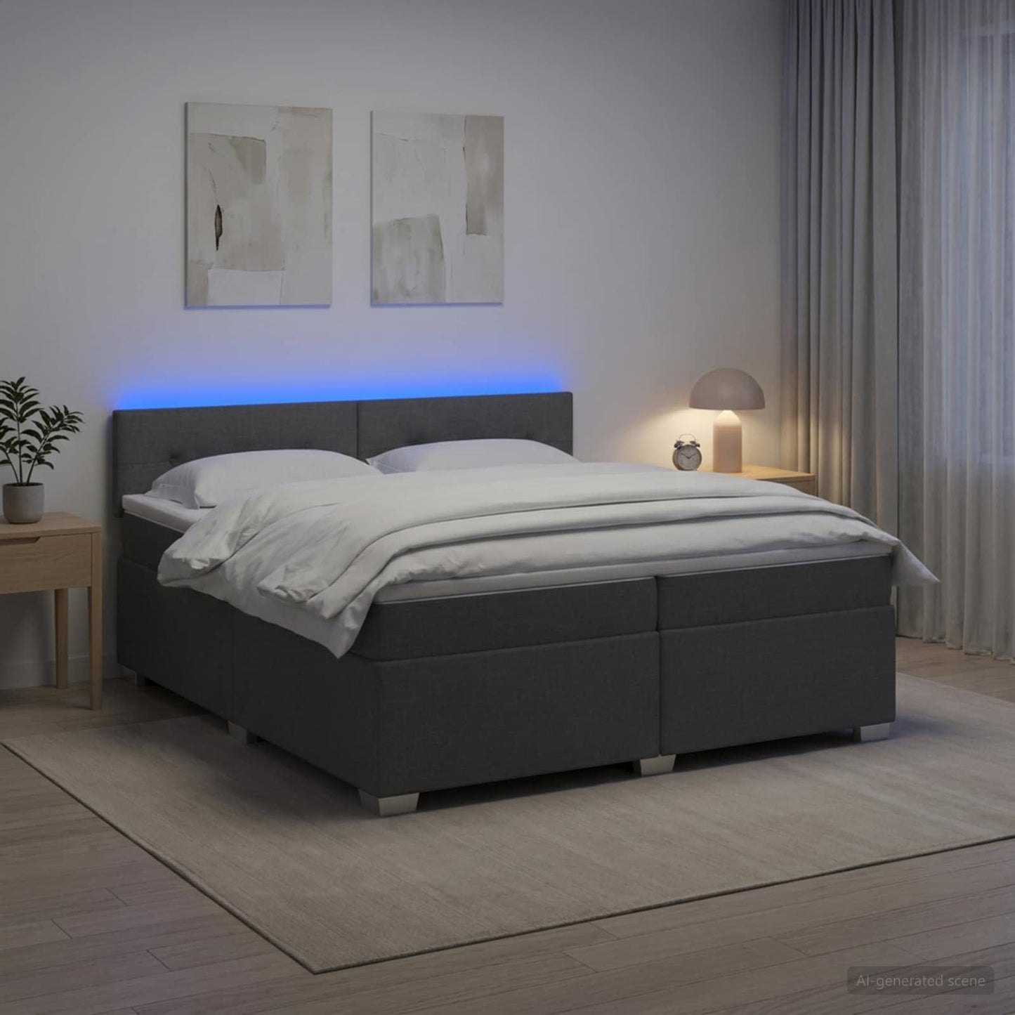 Box Spring Seng med Madras og LED Mørkegrå 200 x 200 cm Stof