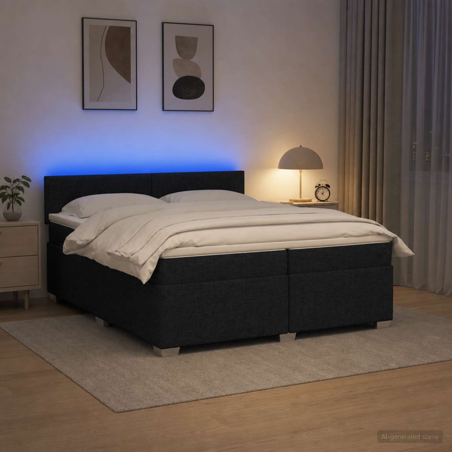 Box Spring Seng med Madras og LED Sort 200 x 200 cm Stof