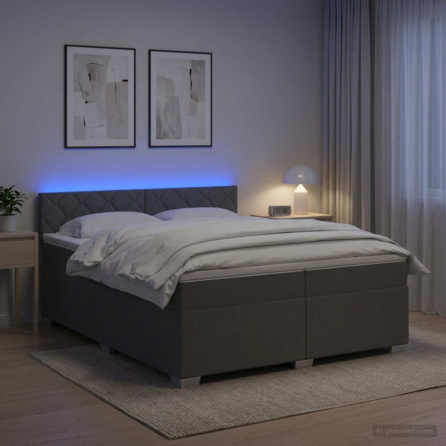 Box Spring Seng med Madras og LED Mørkegrå 200 x 200 cm Stof