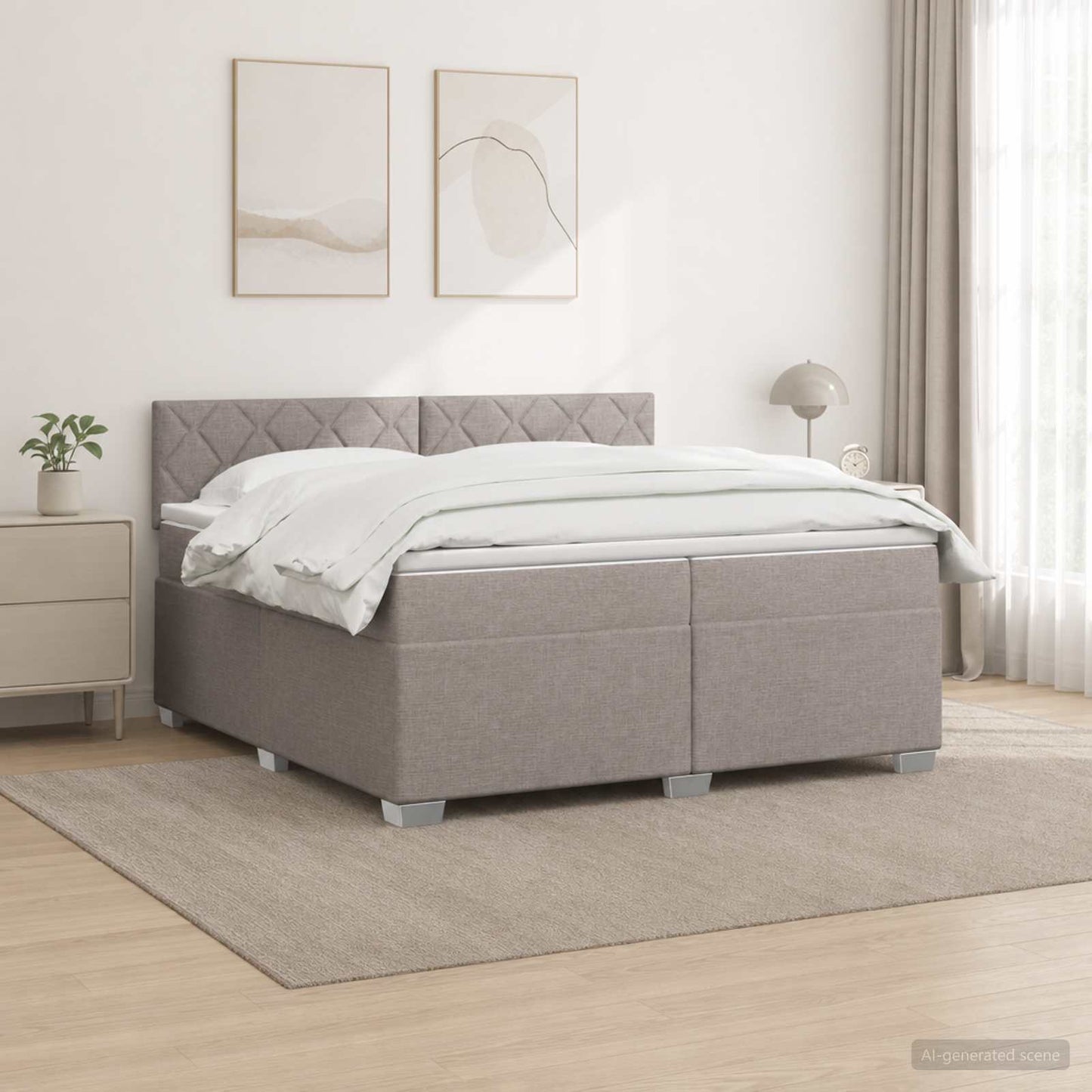Box Spring Seng med Madras og LED Gråbrun 200 x 200 cm Stof