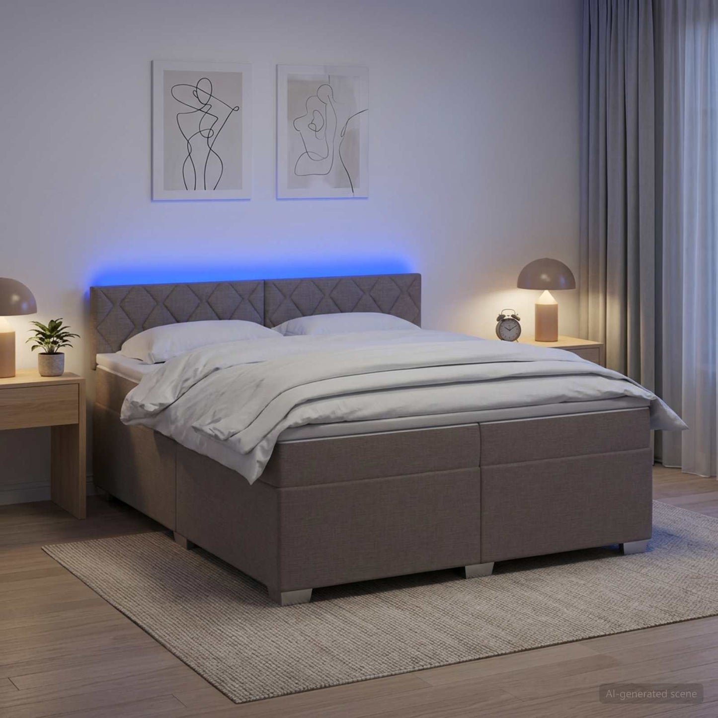 Box Spring Seng med Madras og LED Gråbrun 200 x 200 cm Stof