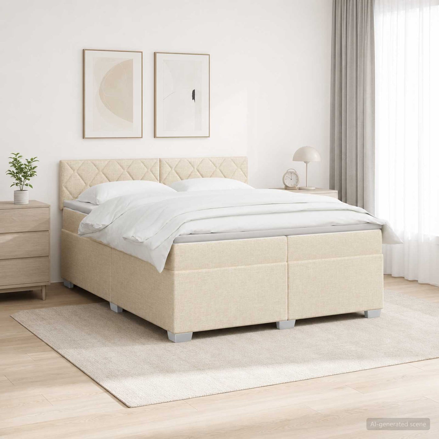 Box Spring Seng med Madras og LED Cremefarvet 200 x 200 cm Stof