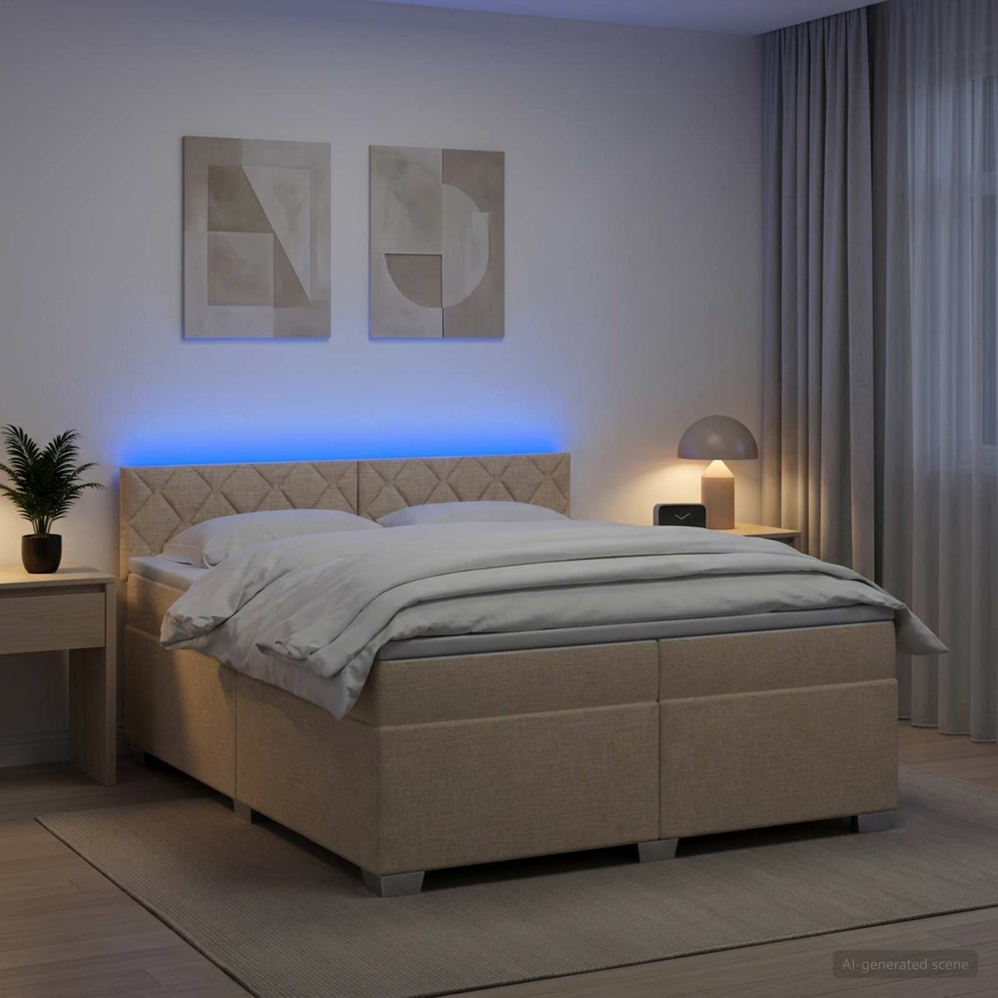 Box Spring Seng med Madras og LED Cremefarvet 200 x 200 cm Stof