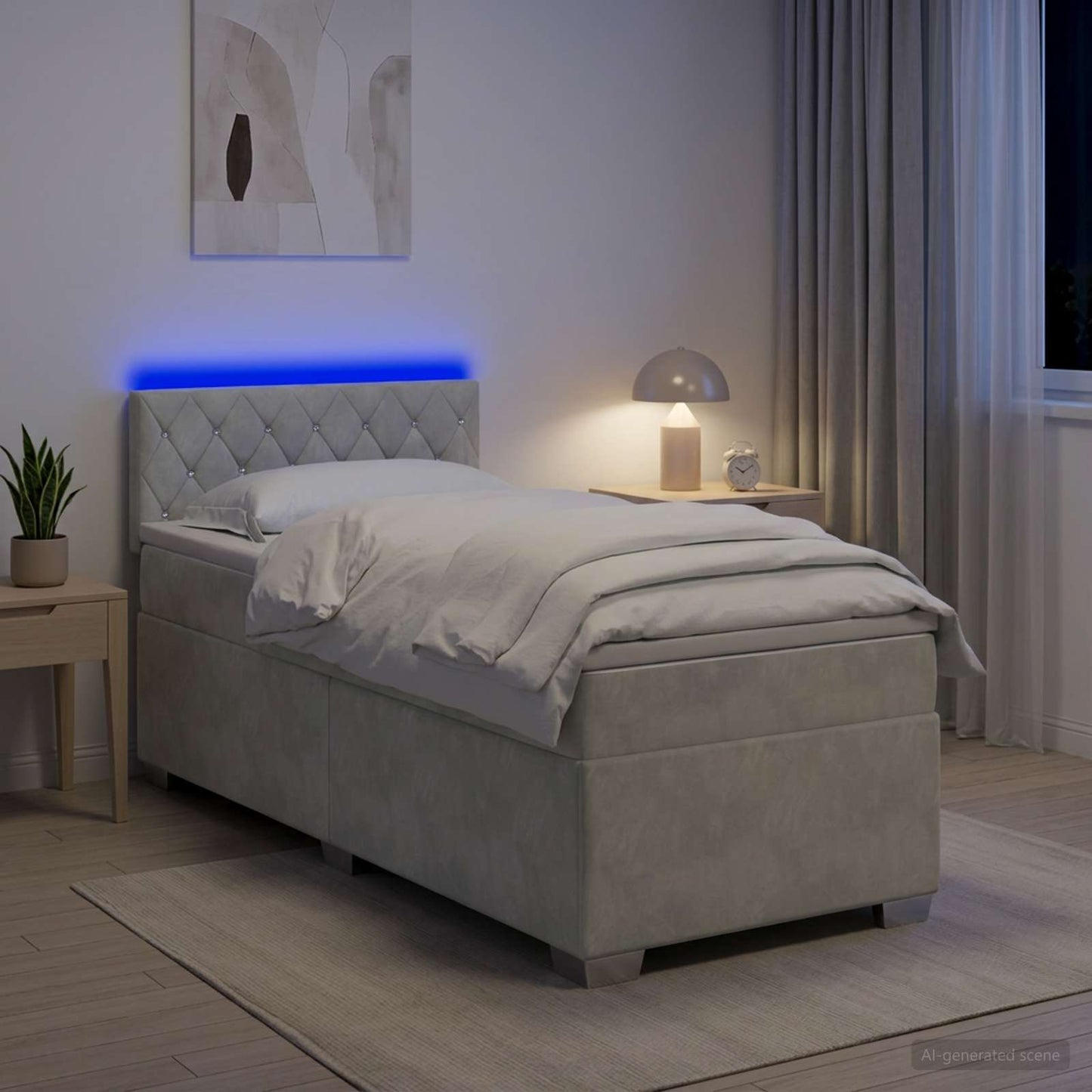 Box Spring Seng med Madras og LED Lysegrå Enkelt Velour