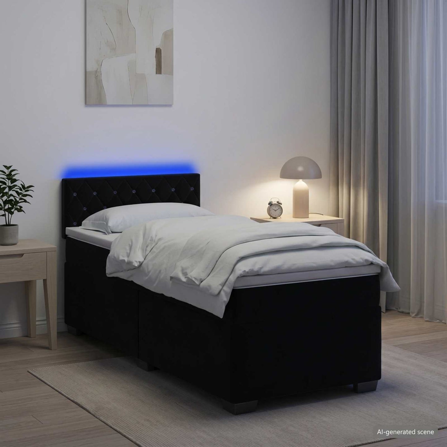 Box Spring Seng med Madras og LED Sort 90 x 200 cm Velour