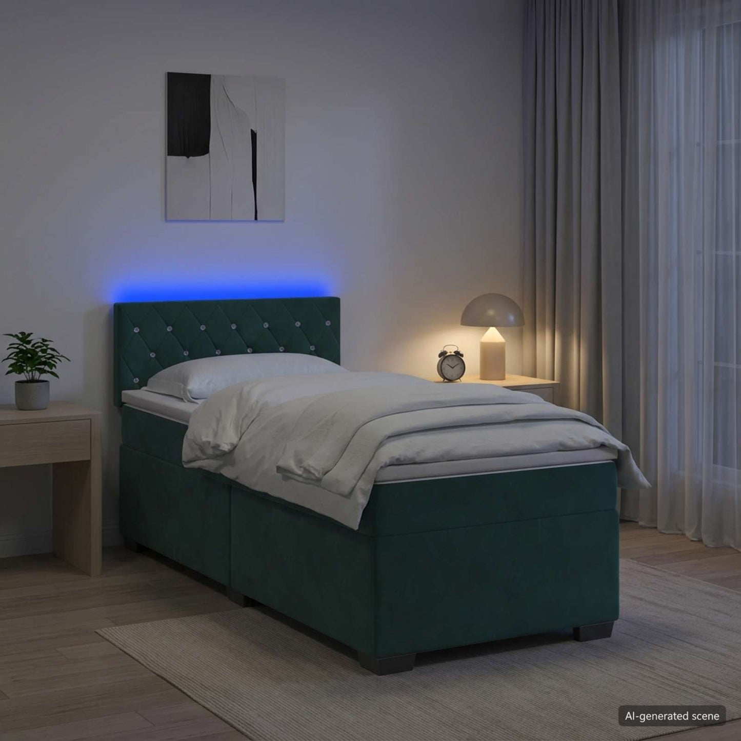 Box Spring Seng med Madras og LED Mørkegrøn 80 x 200 cm Velour