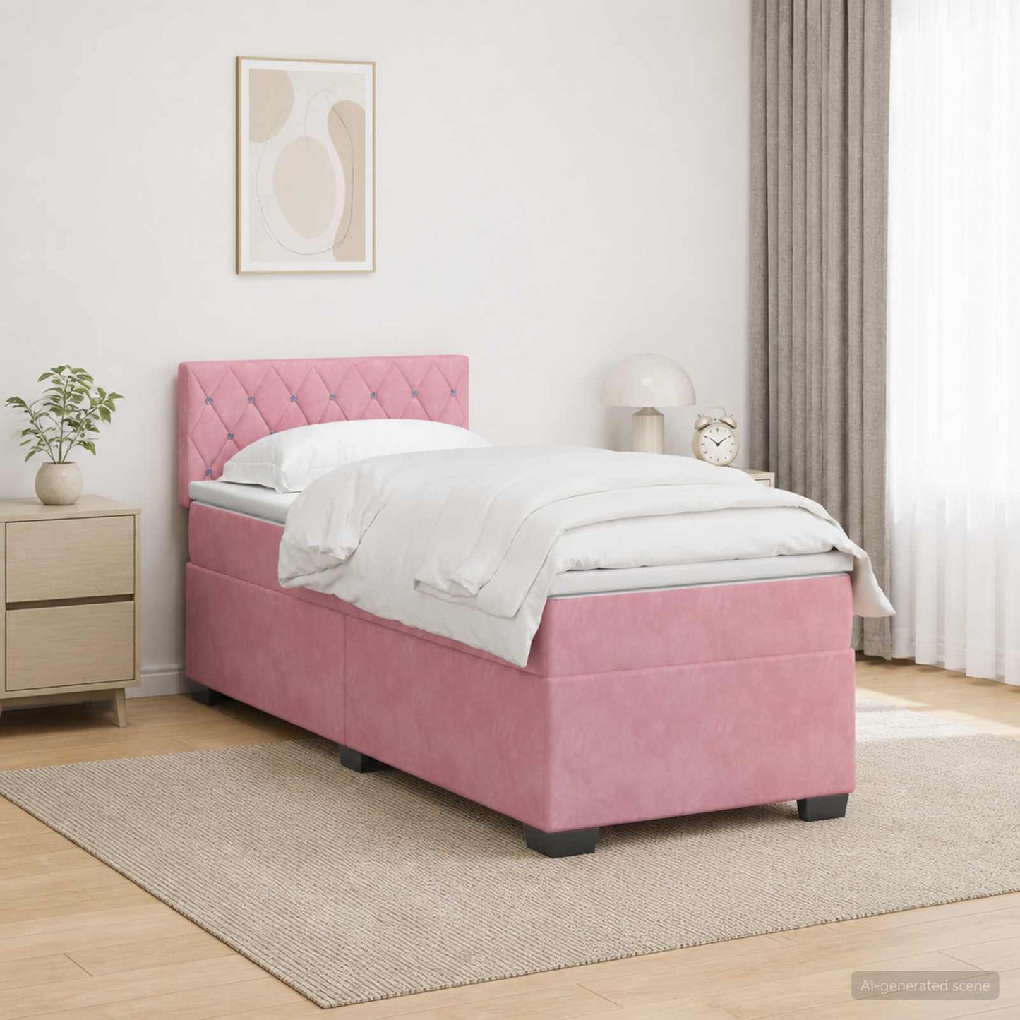 Box Spring Seng med Madras og LED Lyserød 100 x 200 cm Velour