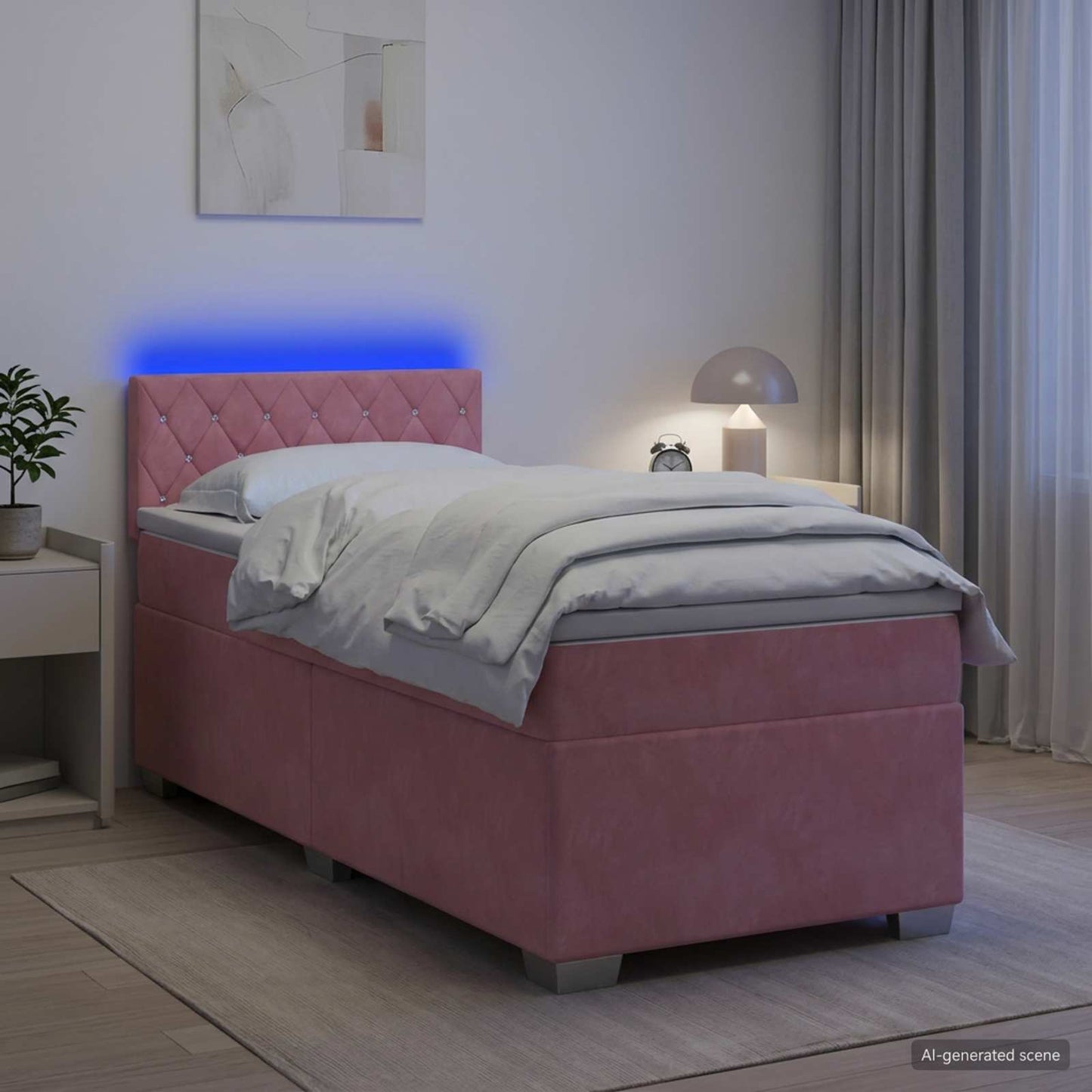 Box Spring Seng med Madras og LED Lyserød 100 x 200 cm Velour