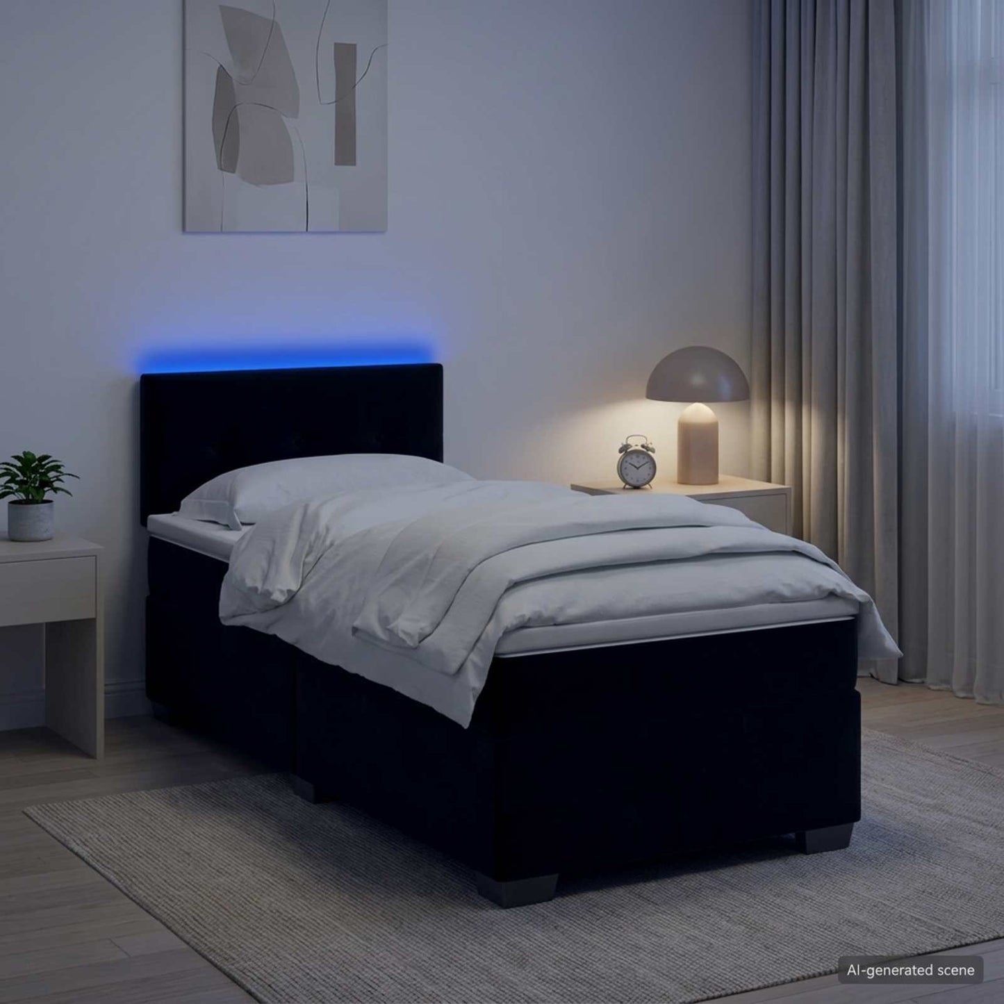 Box Spring Seng med Madras og LED Sort 100 x 200 cm Velour