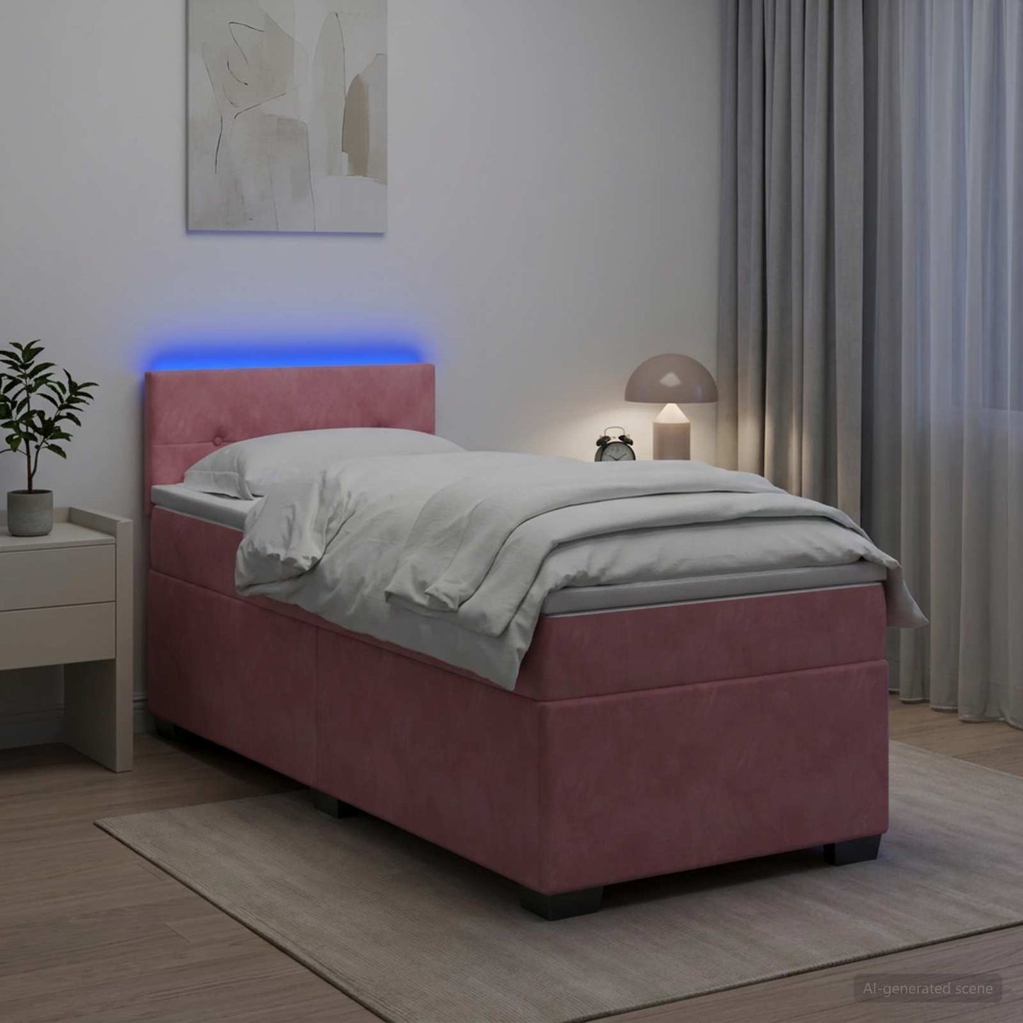 Box Spring Seng med Madras og LED Lyserød 80 x 200 cm Velour