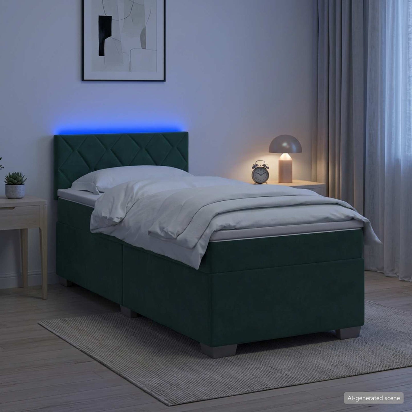 Box Spring Seng med Madras og LED Mørkegrøn 80 x 200 cm Velour