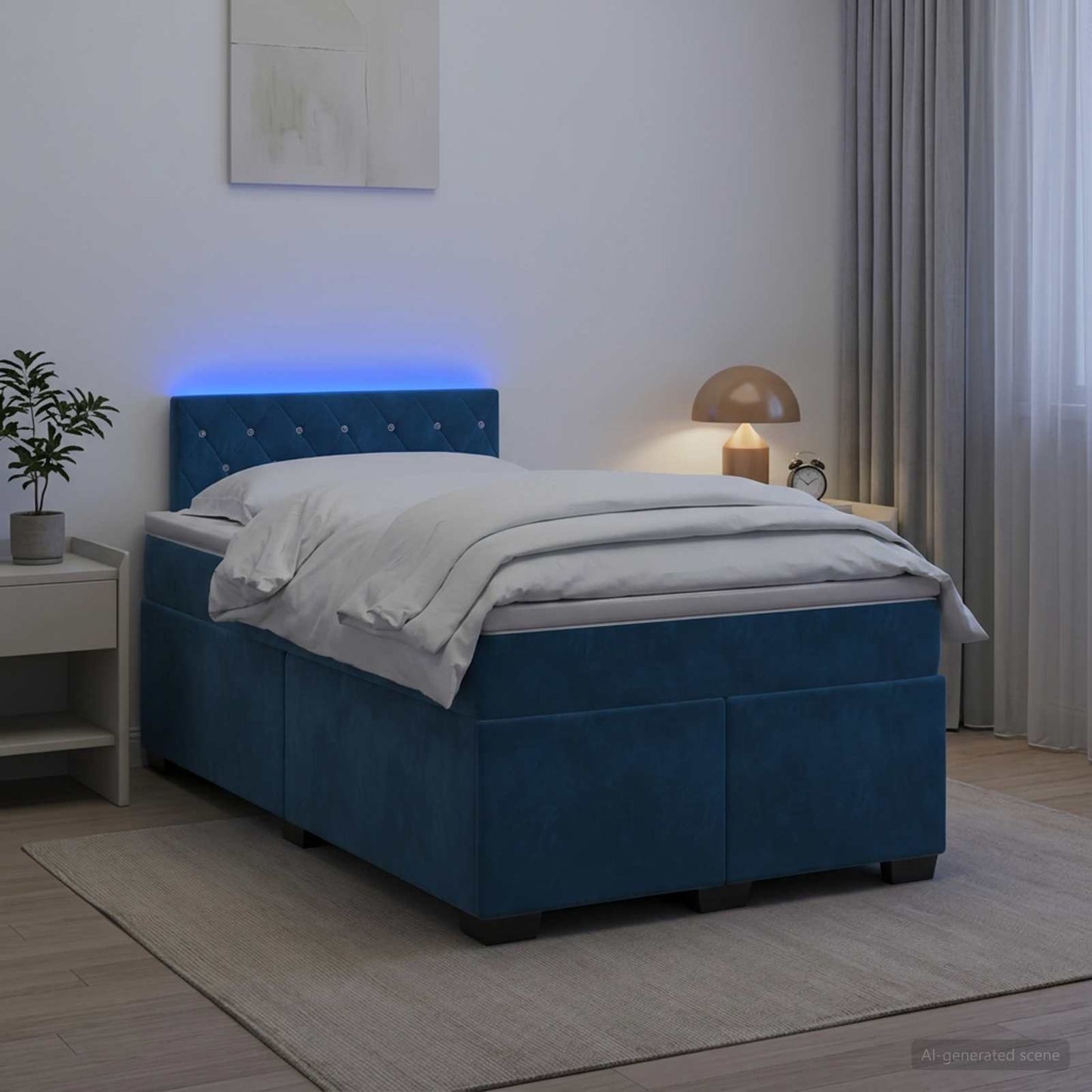 Box Spring Seng med Madras og LED Blå 120 x 190 cm Velour