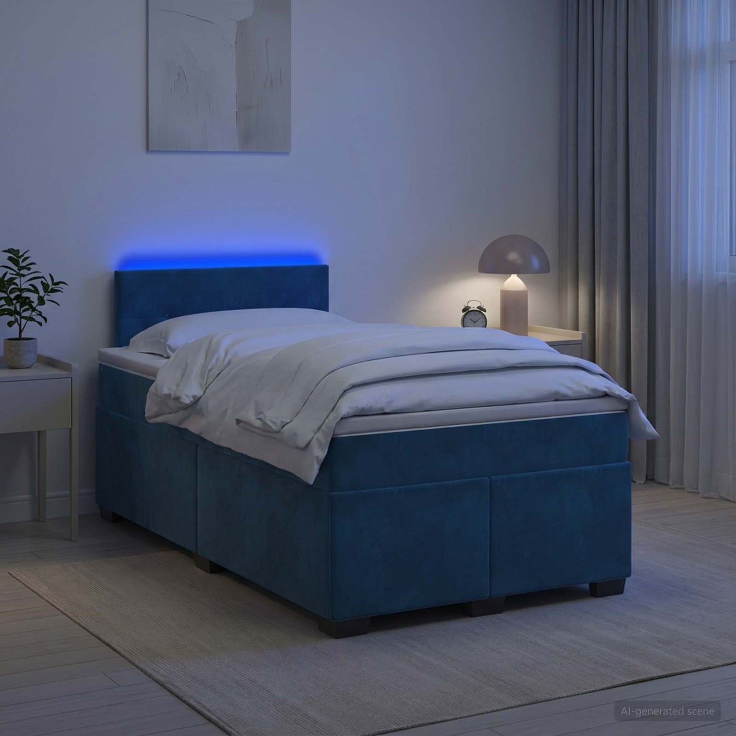 Box Spring Seng med Madras og LED Blå 120 x 200 cm Velour