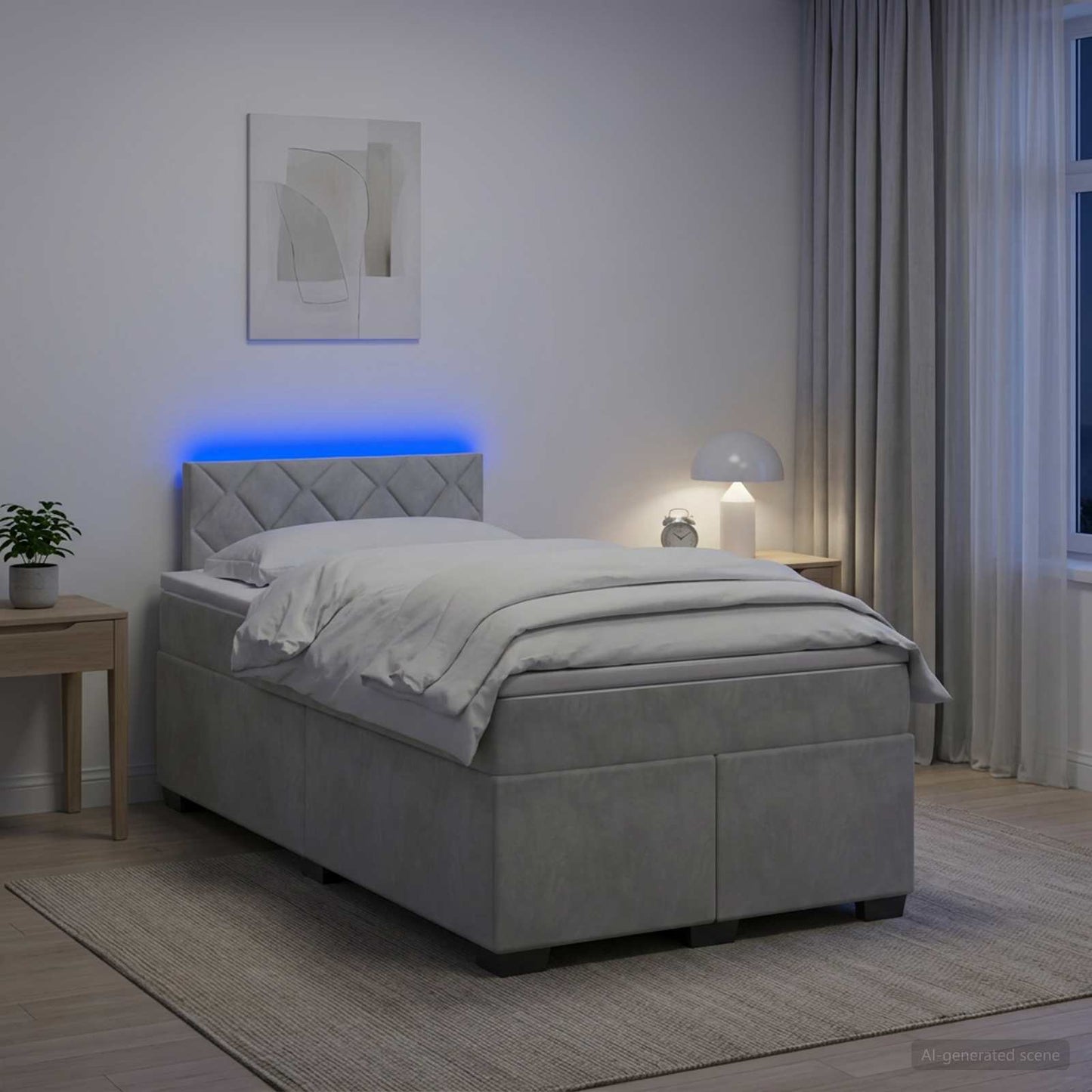 Box Spring Seng med Madras og LED Lysegrå 120 x 190 cm Velour