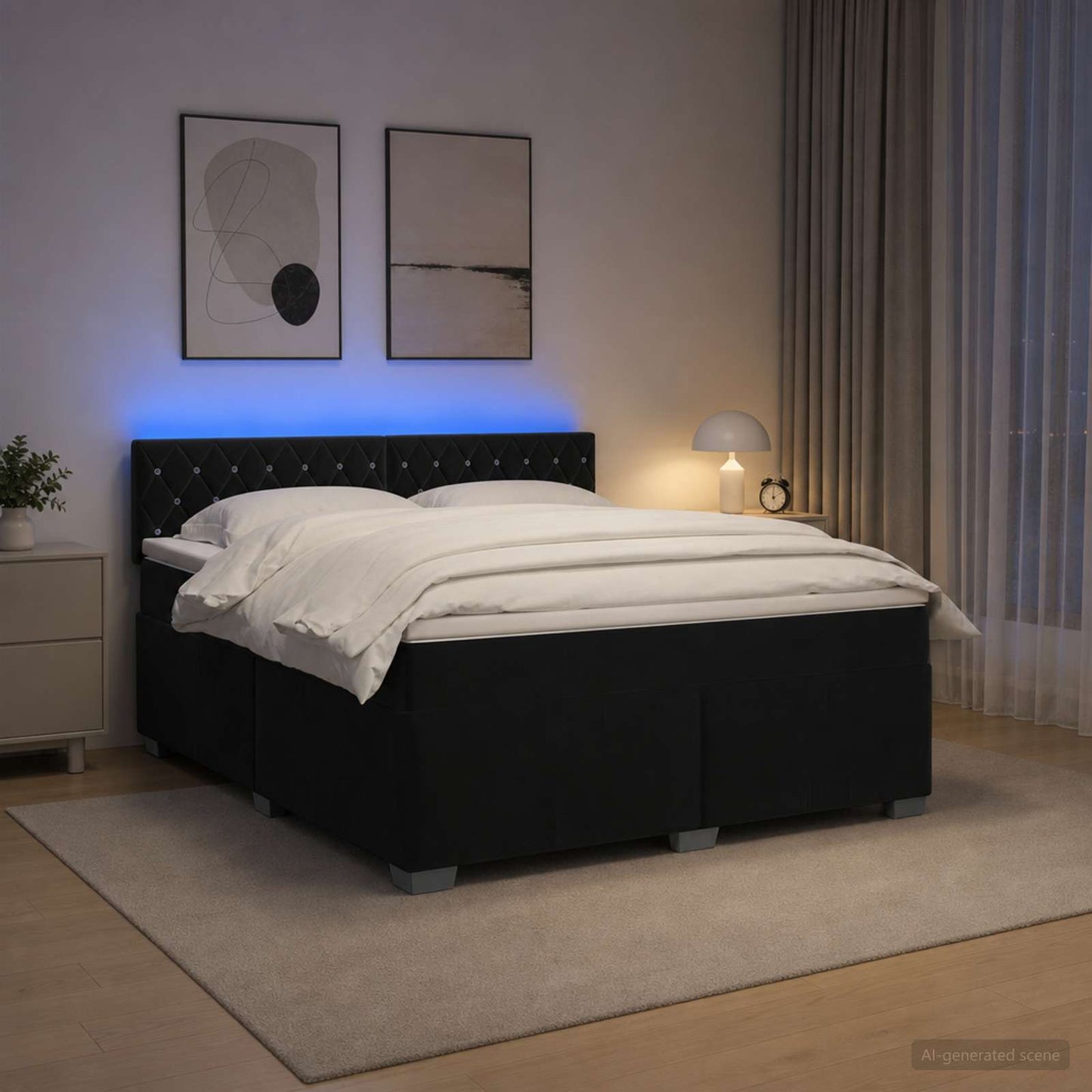 Box Spring Seng med Madras og LED Sort 160 x 200 cm Velour