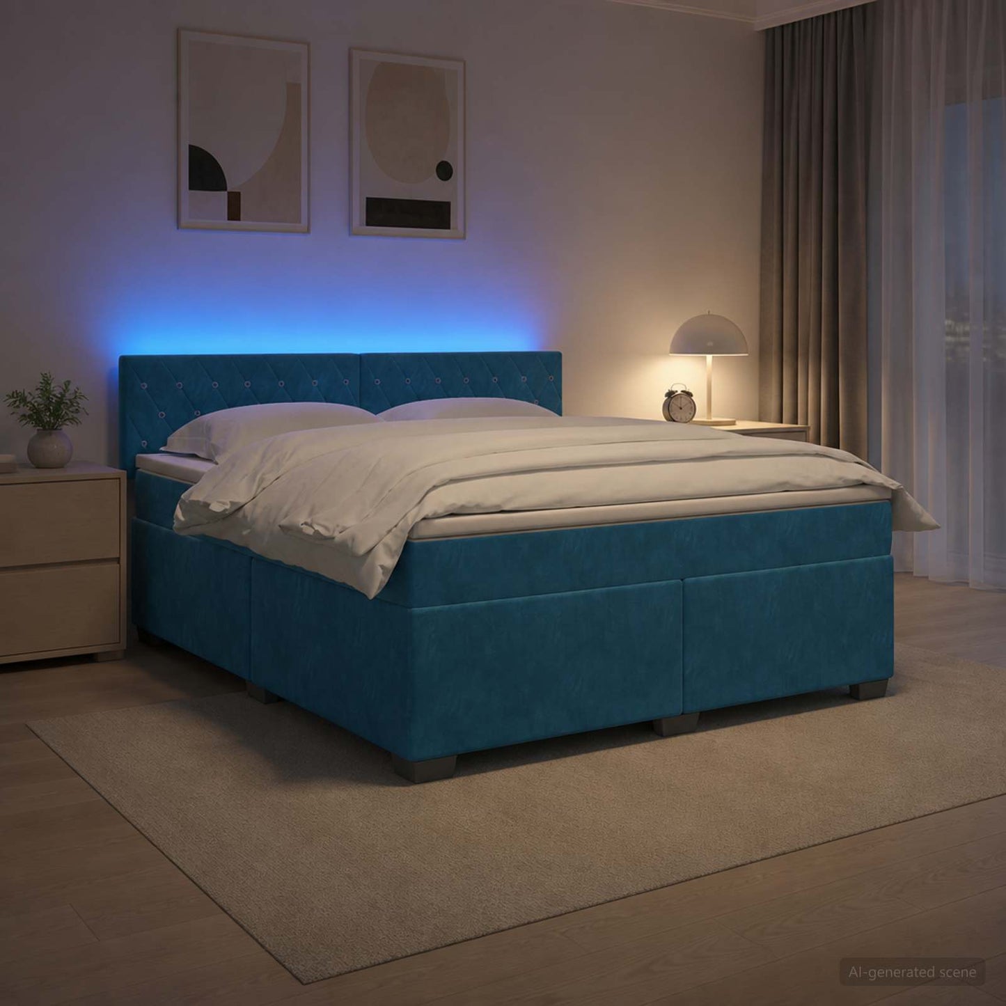Box Spring Seng med Madras og LED Blå 180 x 200 cm Velour