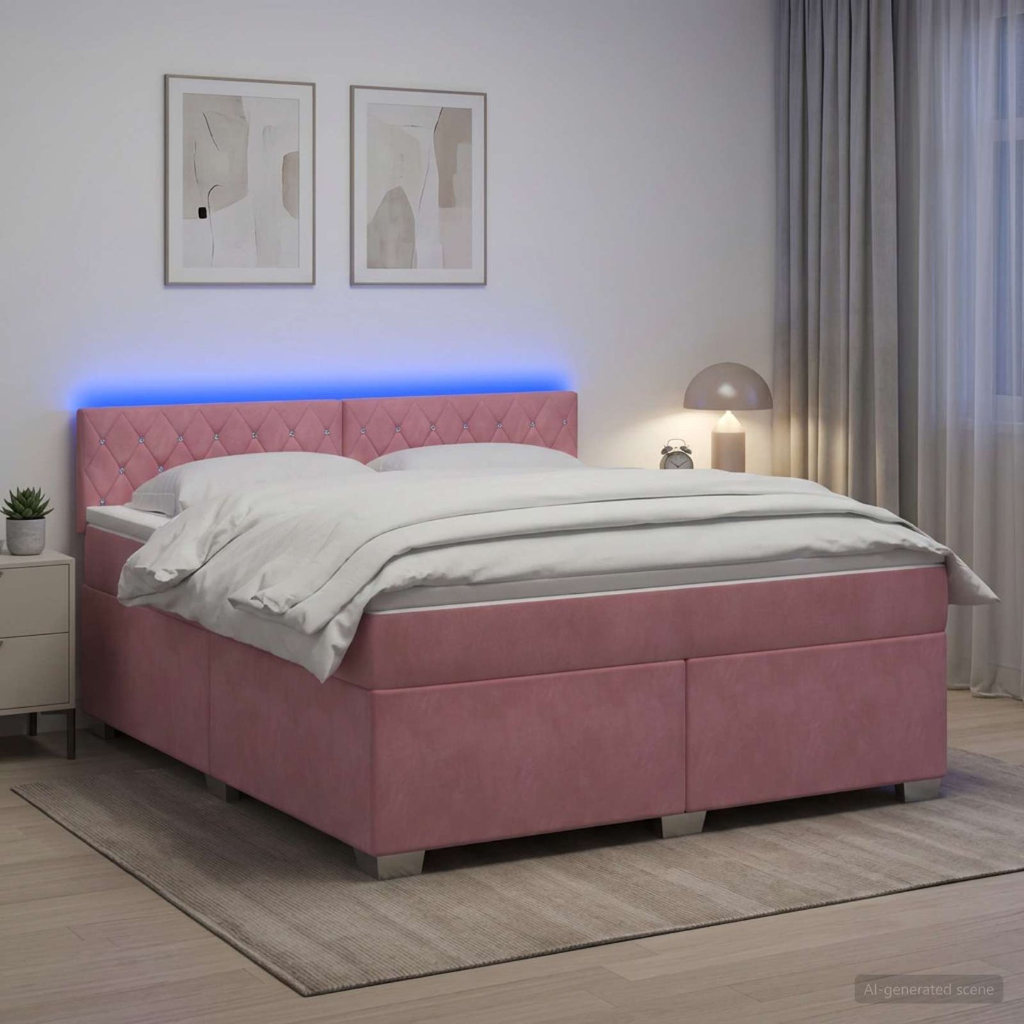 Box Spring Seng med Madras og LED Lyserød 140 x 200 cm Velour