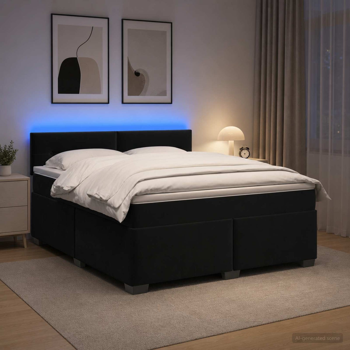 Box Spring Seng med Madras og LED Sort 160 x 200 cm Velour