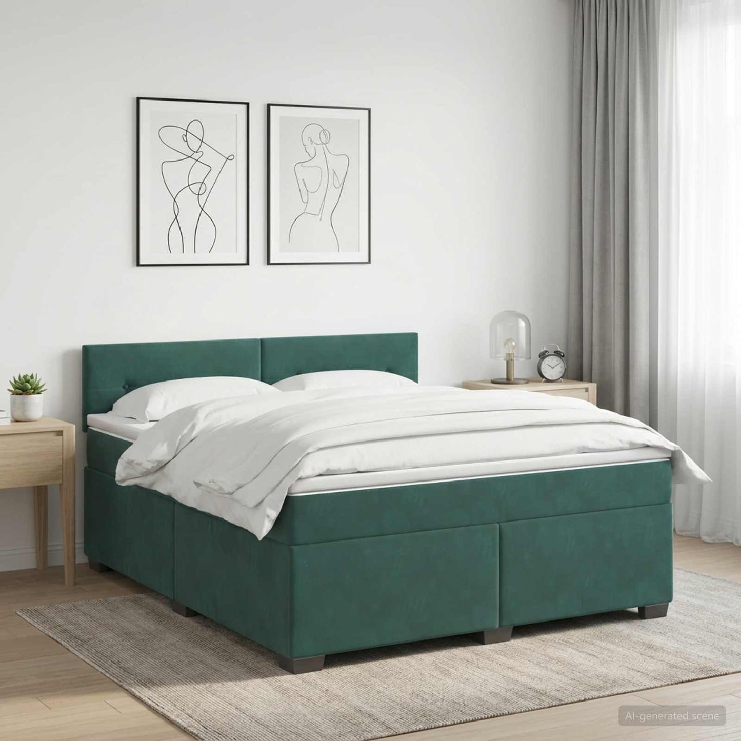 Box Spring Seng med Madras og LED Mørkegrøn 160 x 200 cm Velour
