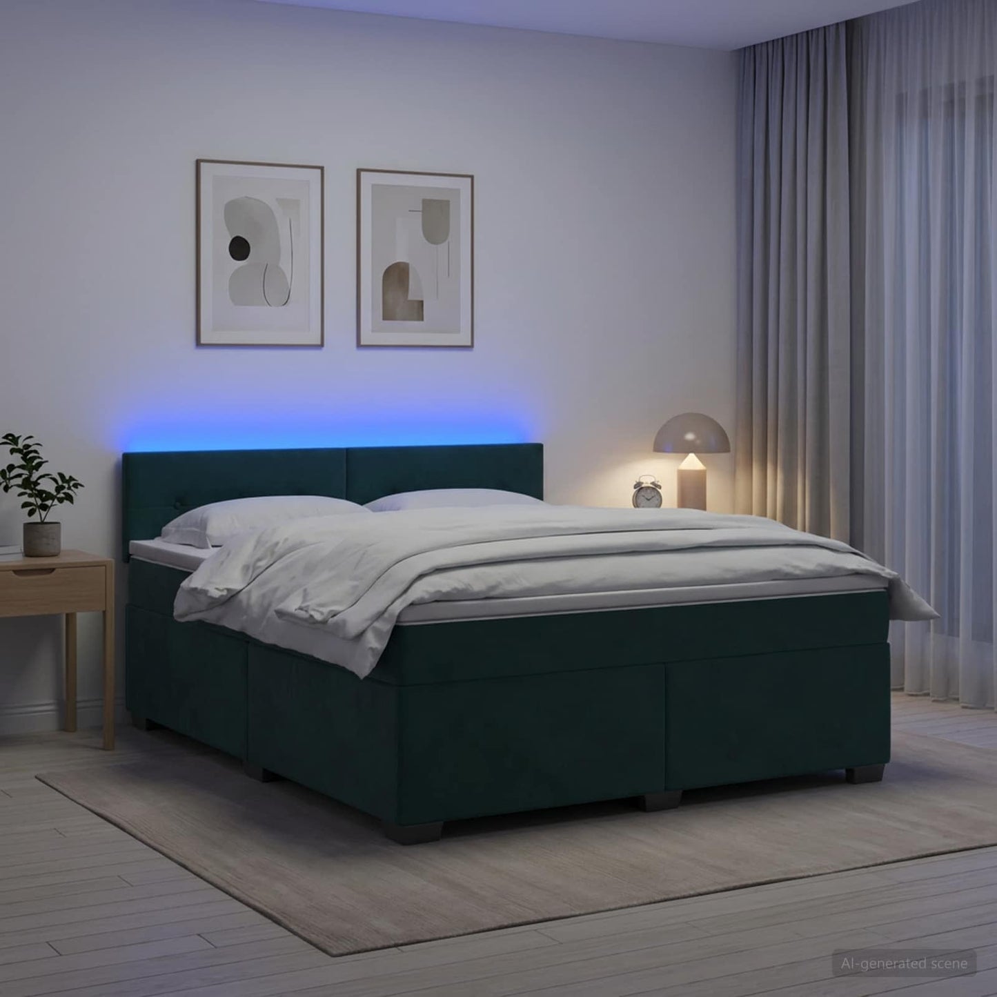 Box Spring Seng med Madras og LED Mørkegrøn 160 x 200 cm Velour