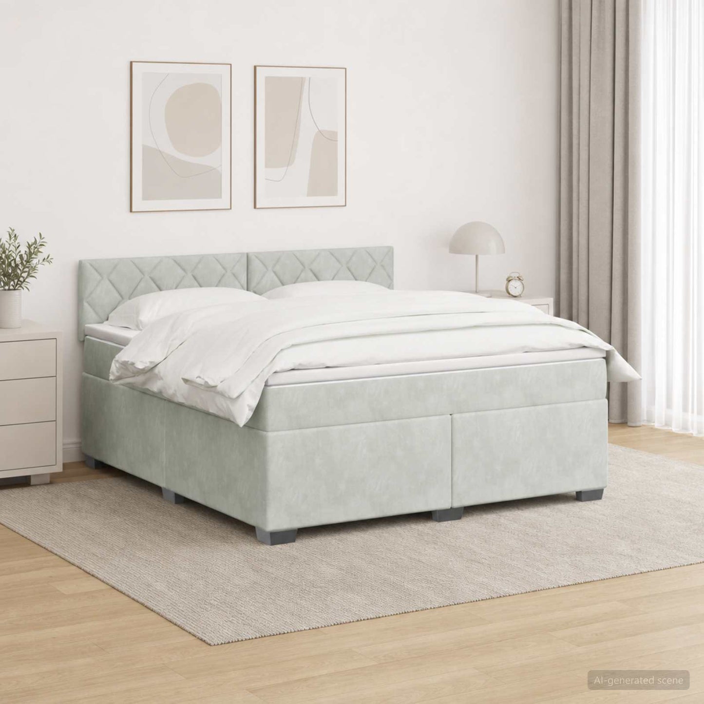 Box Spring Seng med Madras og LED Lysegrå 160 x 200 cm Velour
