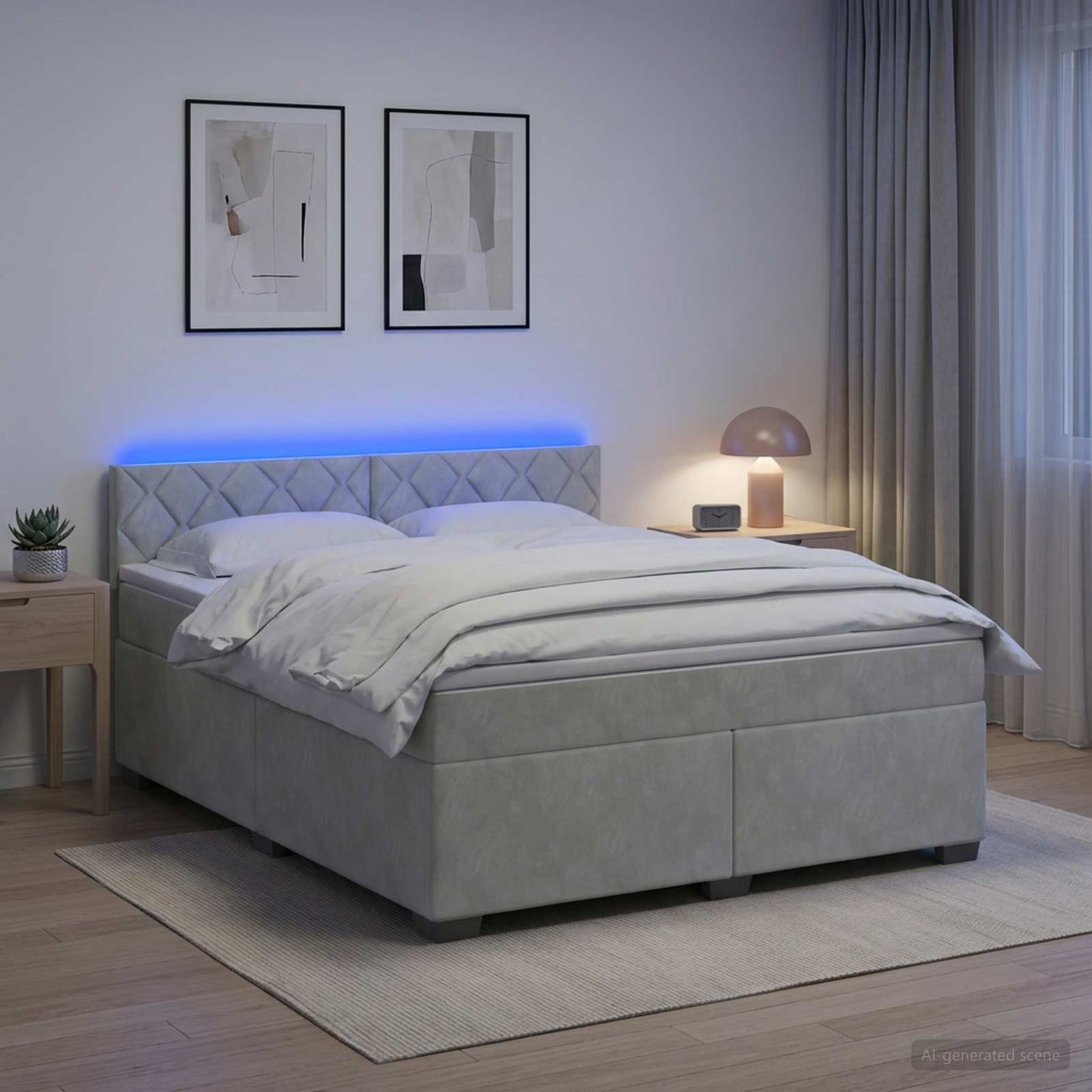Box Spring Seng med Madras og LED Lysegrå 160 x 200 cm Velour