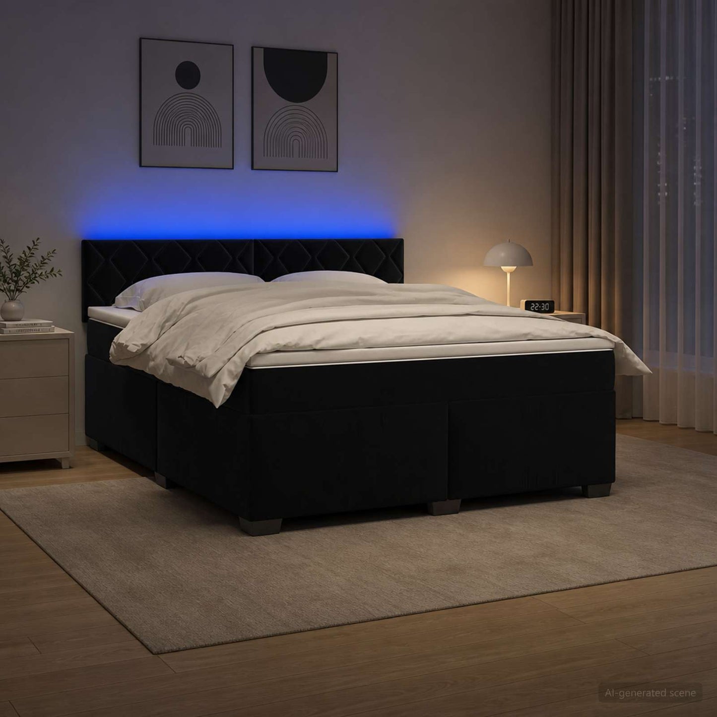 Box Spring Seng med Madras og LED Sort 160 x 200 cm Velour