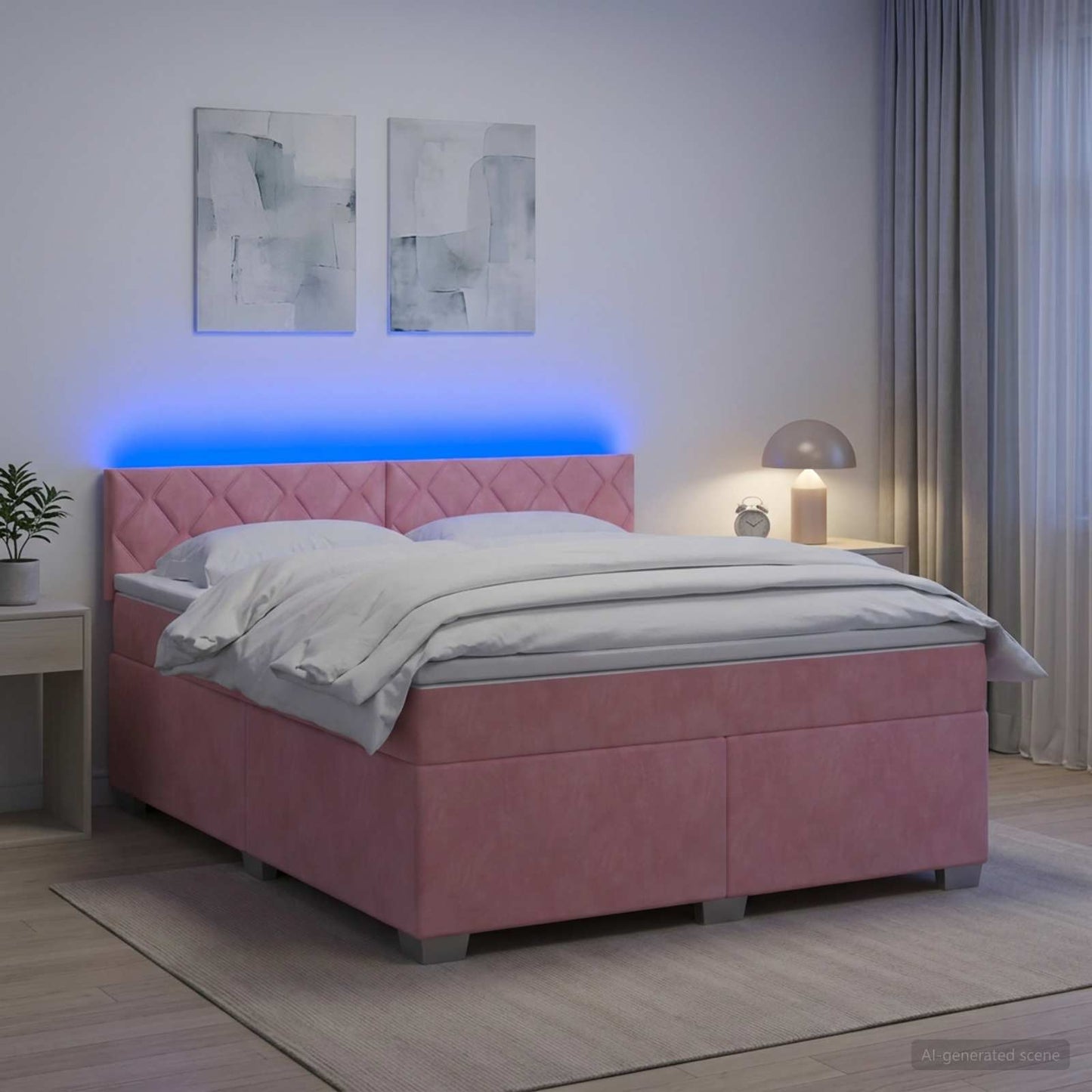 Box Spring Seng med Madras og LED Lyserød 140 x 200 cm Velour
