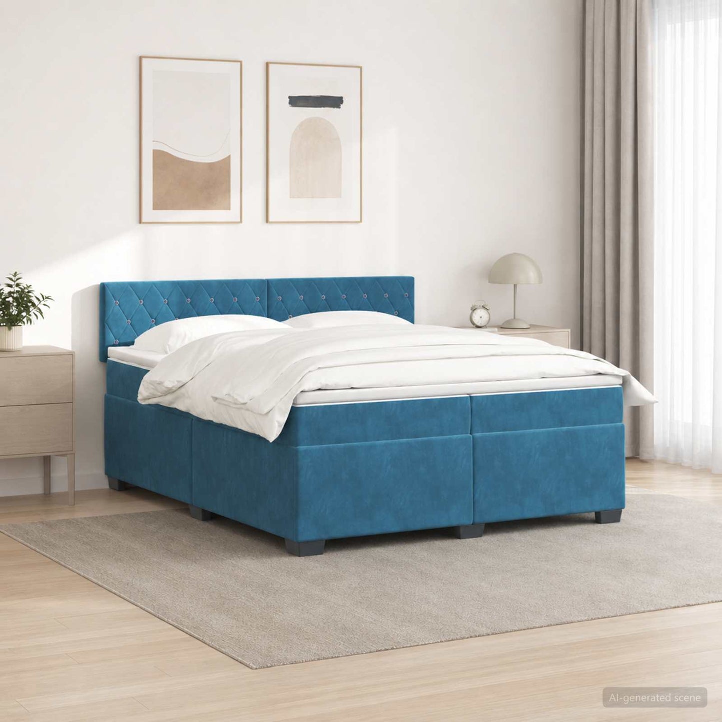 Box Spring Seng med Madras og LED Blå 200 x 200 cm Velour