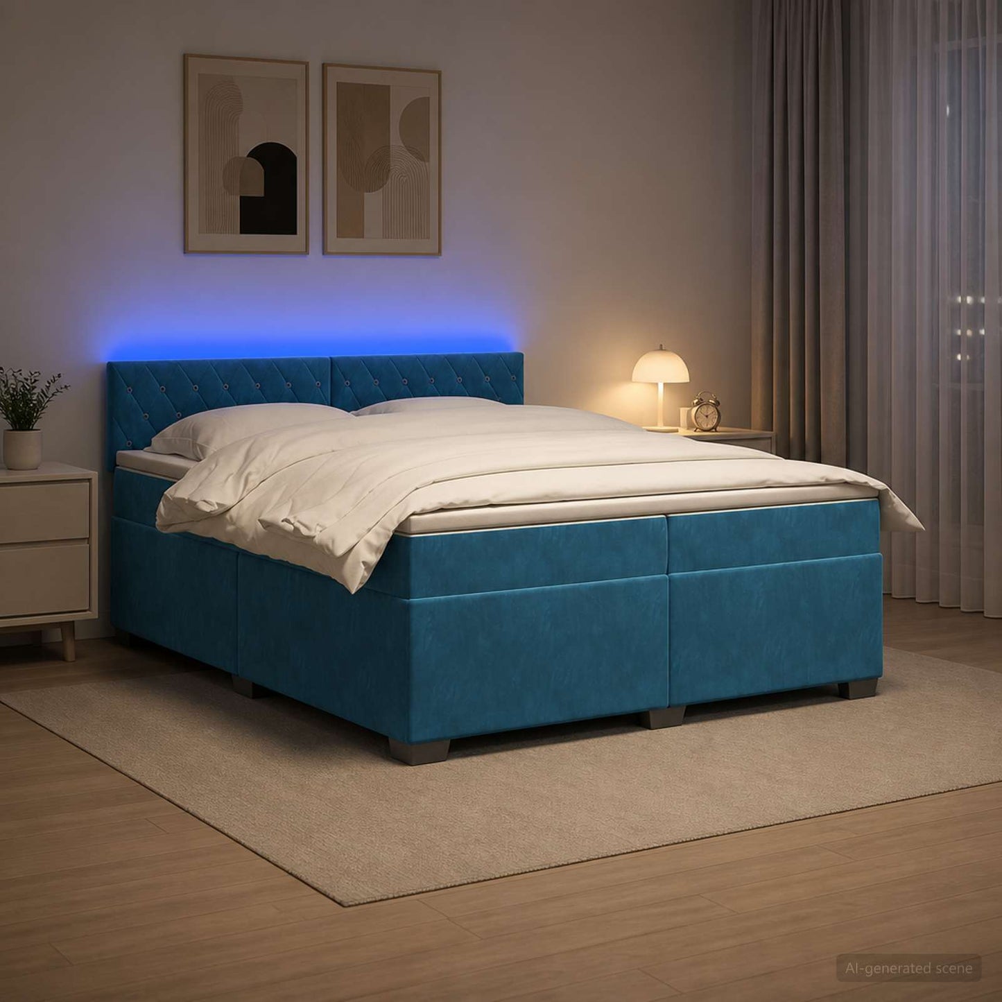 Box Spring Seng med Madras og LED Blå 200 x 200 cm Velour