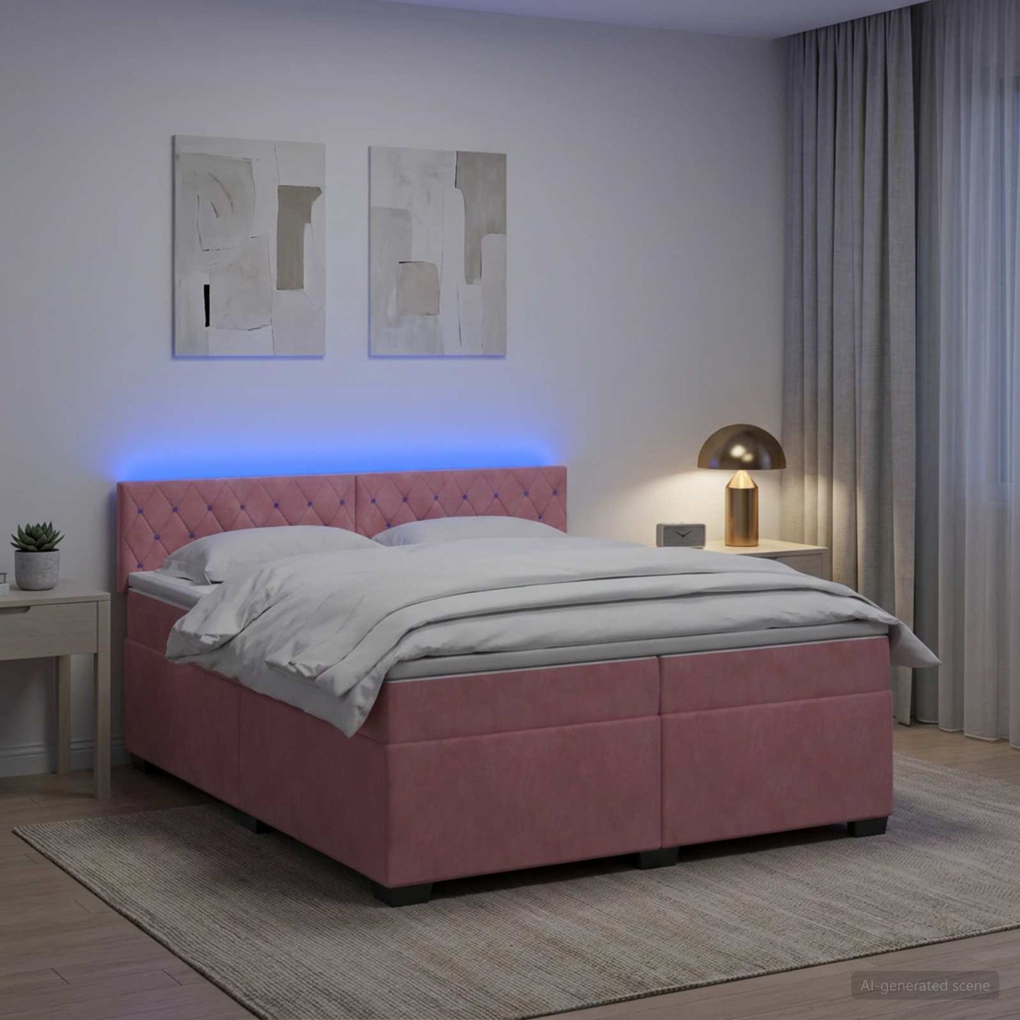 Box Spring Seng med Madras og LED Lyserød 200 x 200 cm Velour