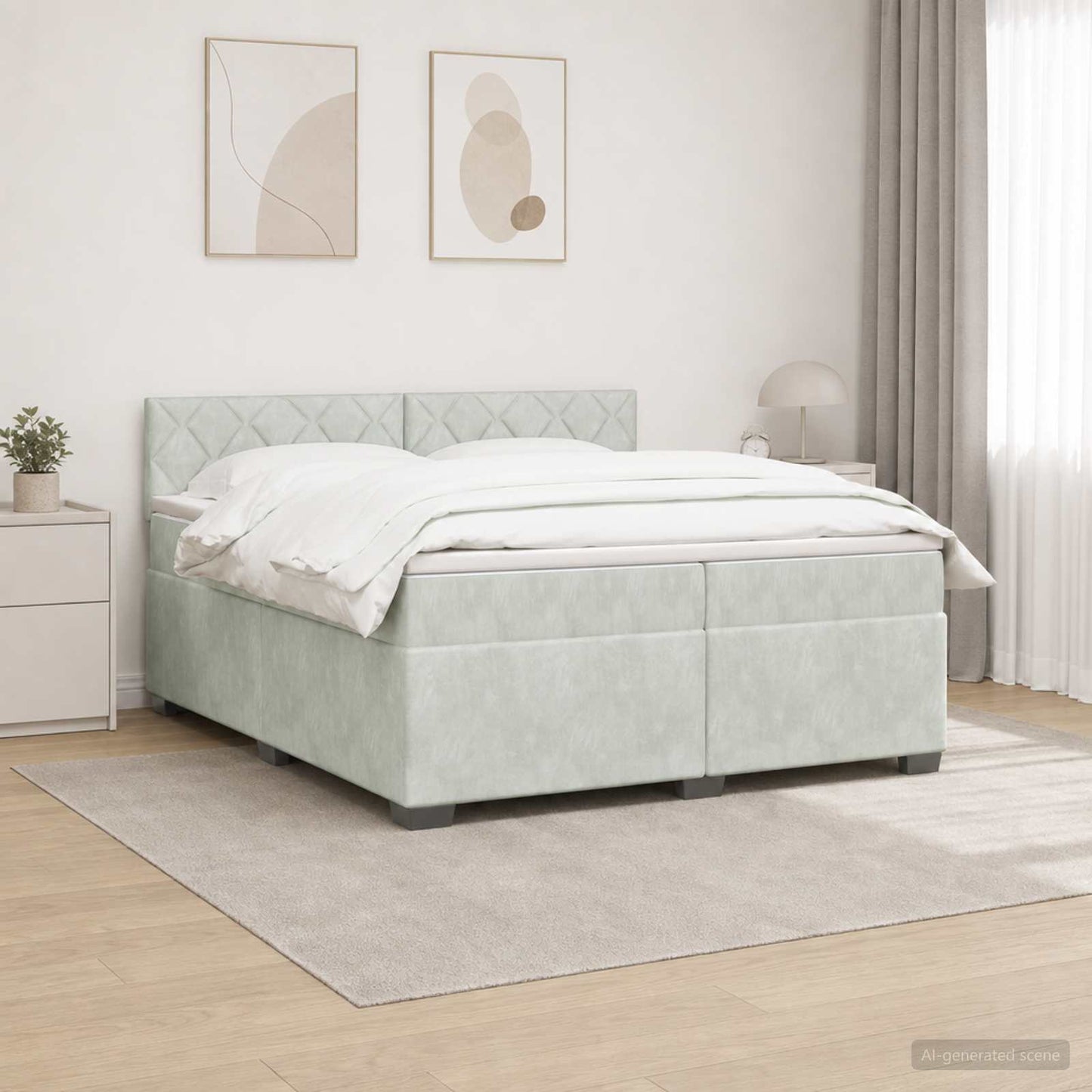 Box Spring Seng med Madras og LED Lysegrå 200 x 200 cm Velour