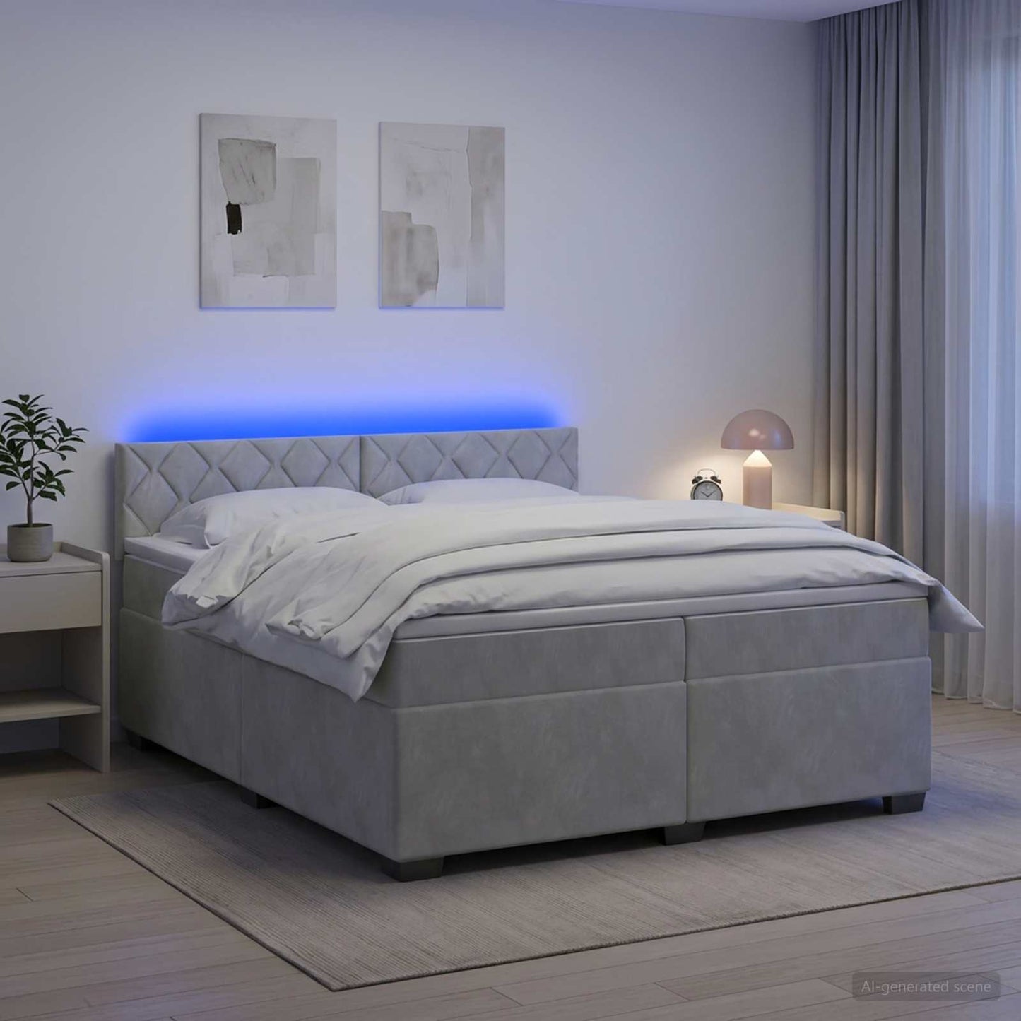 Box Spring Seng med Madras og LED Lysegrå 200 x 200 cm Velour