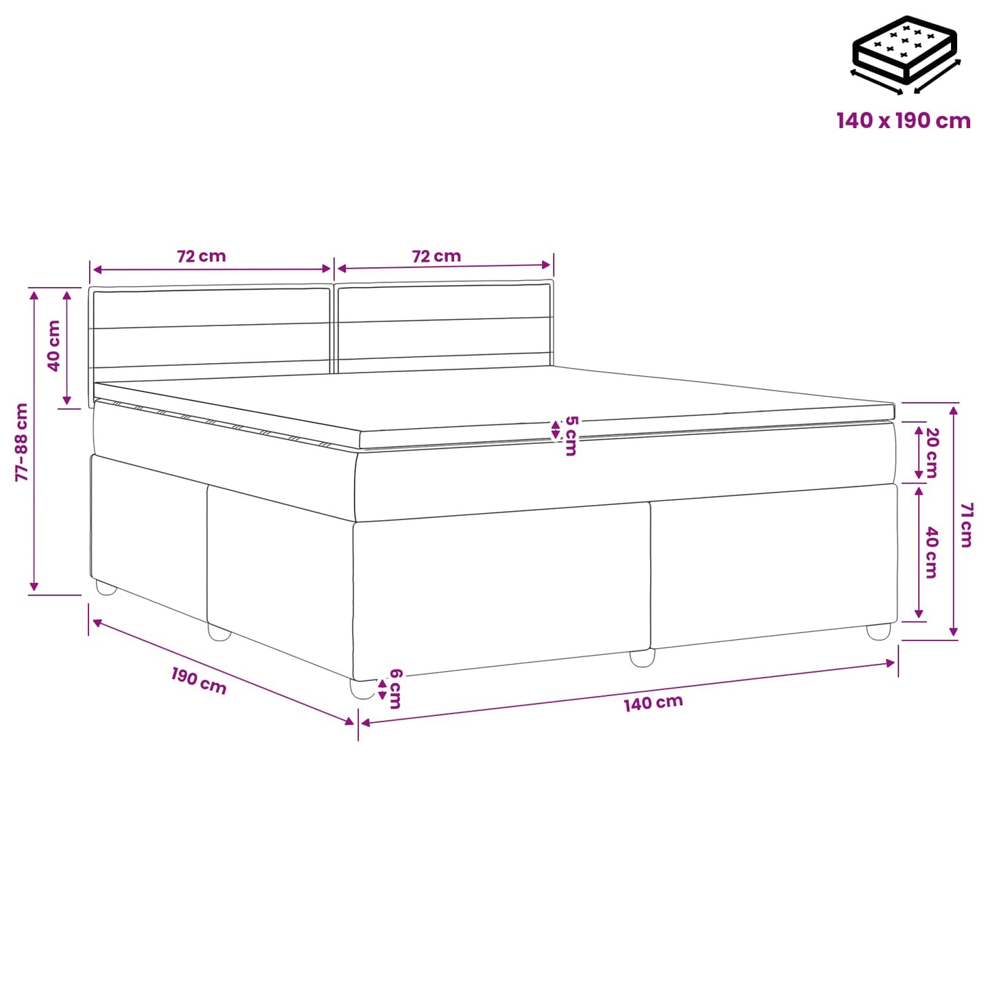 Boxmadras med topmadras med hovedgærde Blå 140 x 190 cm Stof