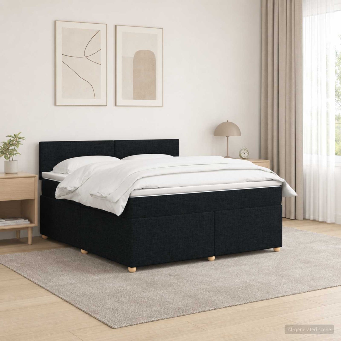 Boxmadras med topmadras med hovedgærde Sort 140 x 200 cm Stof