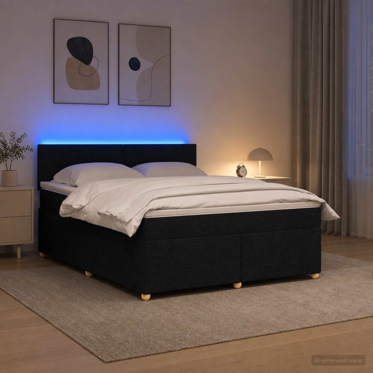 Boxmadras med topmadras med hovedgærde Sort 140 x 200 cm Stof