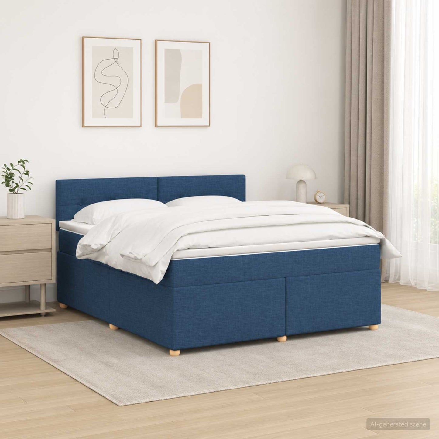 Boxmadras med topmadras med hovedgærde Blå 180 x 200 cm Stof