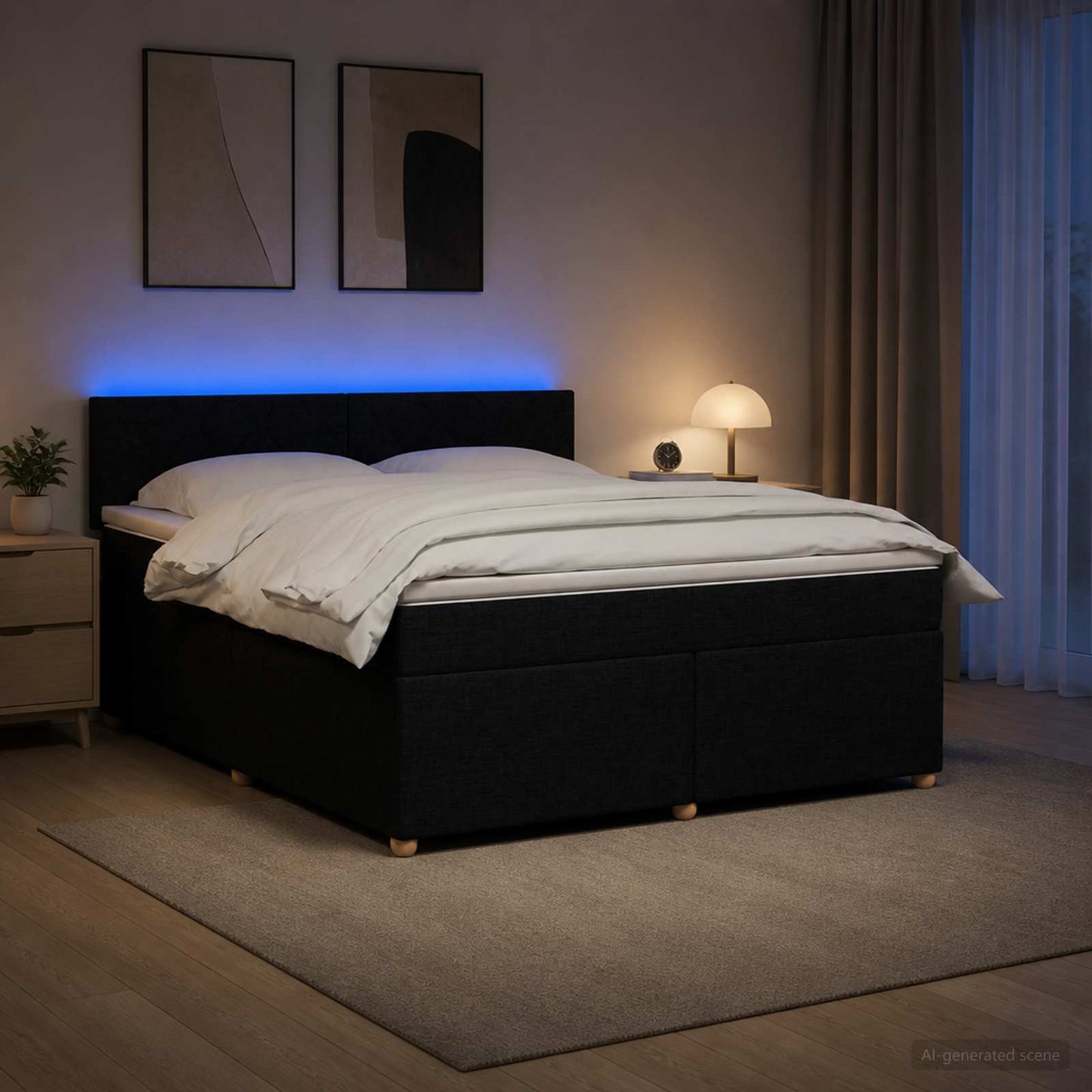 Boxmadras med topmadras med hovedgærde Sort 140 x 190 cm Stof