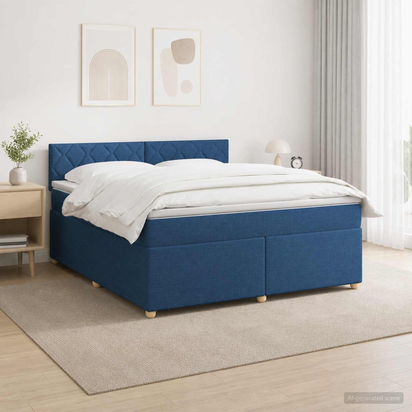 Boxmadras med topmadras med hovedgærde Blå 180 x 200 cm Stof